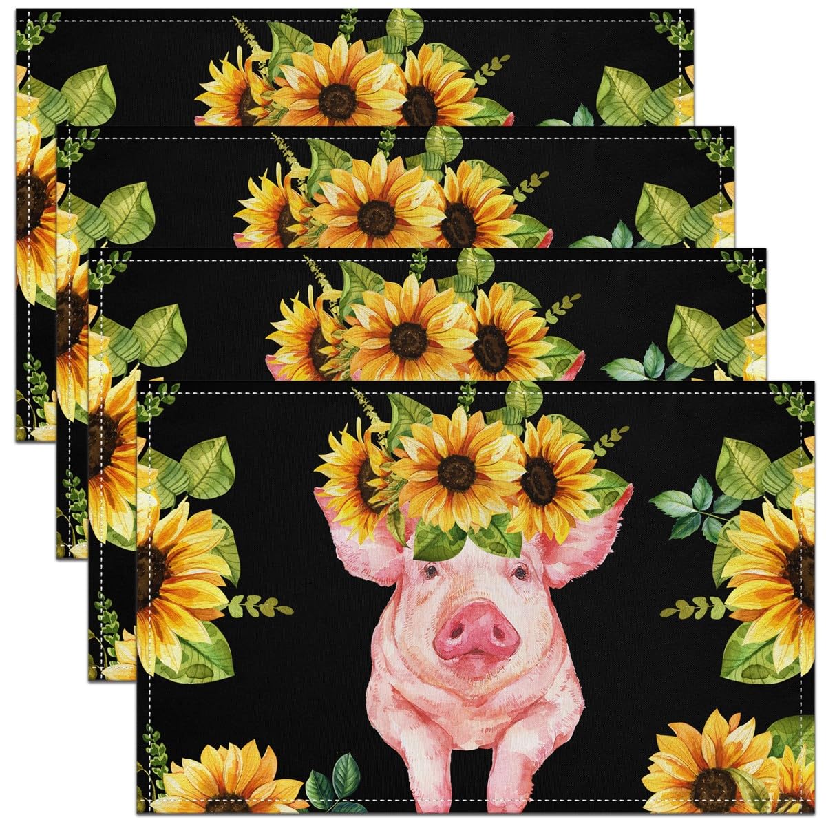 Pig Placemats Set of 4 45X30cm Kids Farmhouse Sunflower Placemats for Dining Table Indoor Outdoor Kitchen for Girls Boys Cute Farm Animal Floral Table Mats Placemat Pink Pig Kitchen Dining Table
