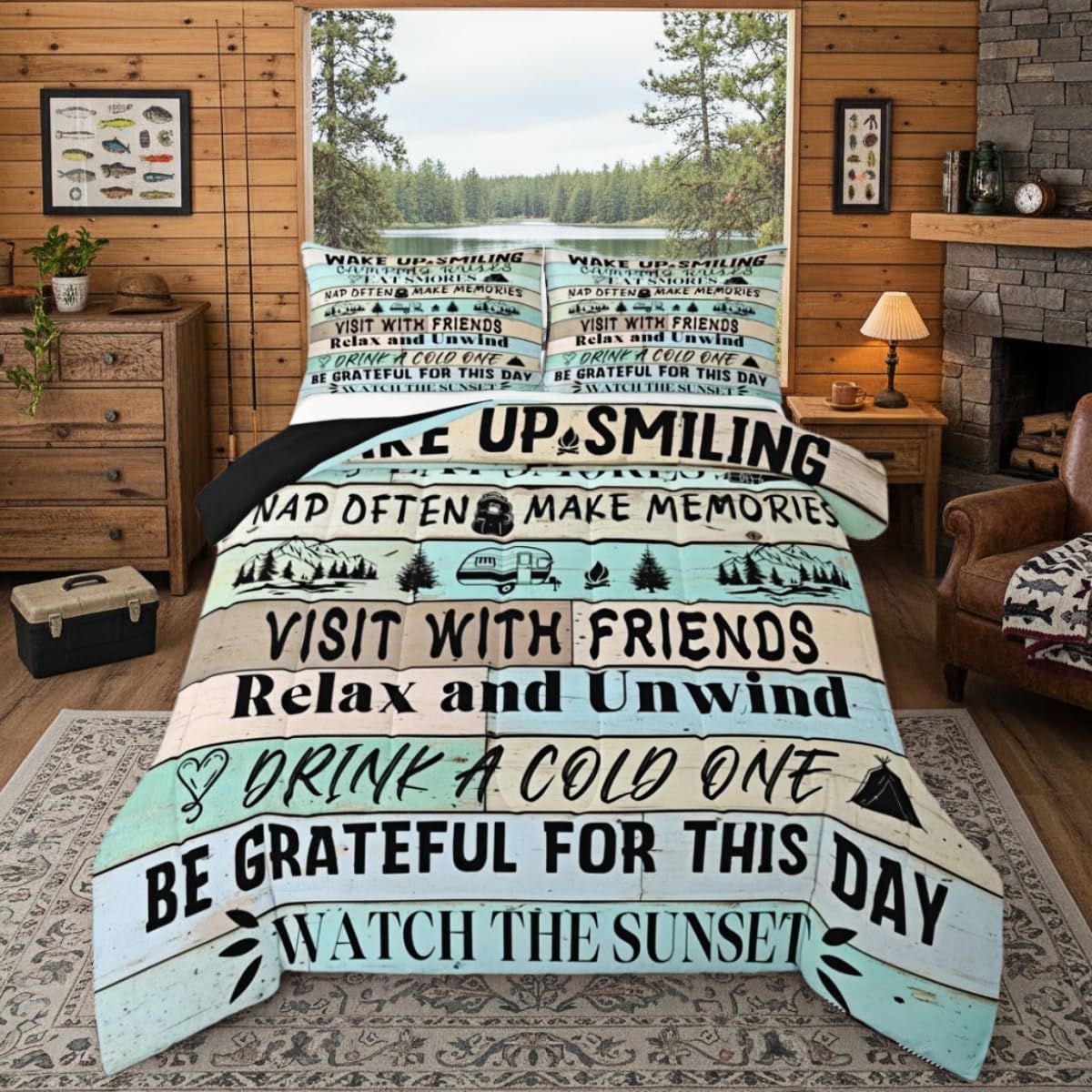 Erosebridal Camping Rules Comforter Set Queen Size, Camper Decor Bedding Set for Travel Trailers, Rustic Farmhouse Bedding Comforter Sets Vintage Wooden Plank Duvet Insert with 2 Pillow Cases