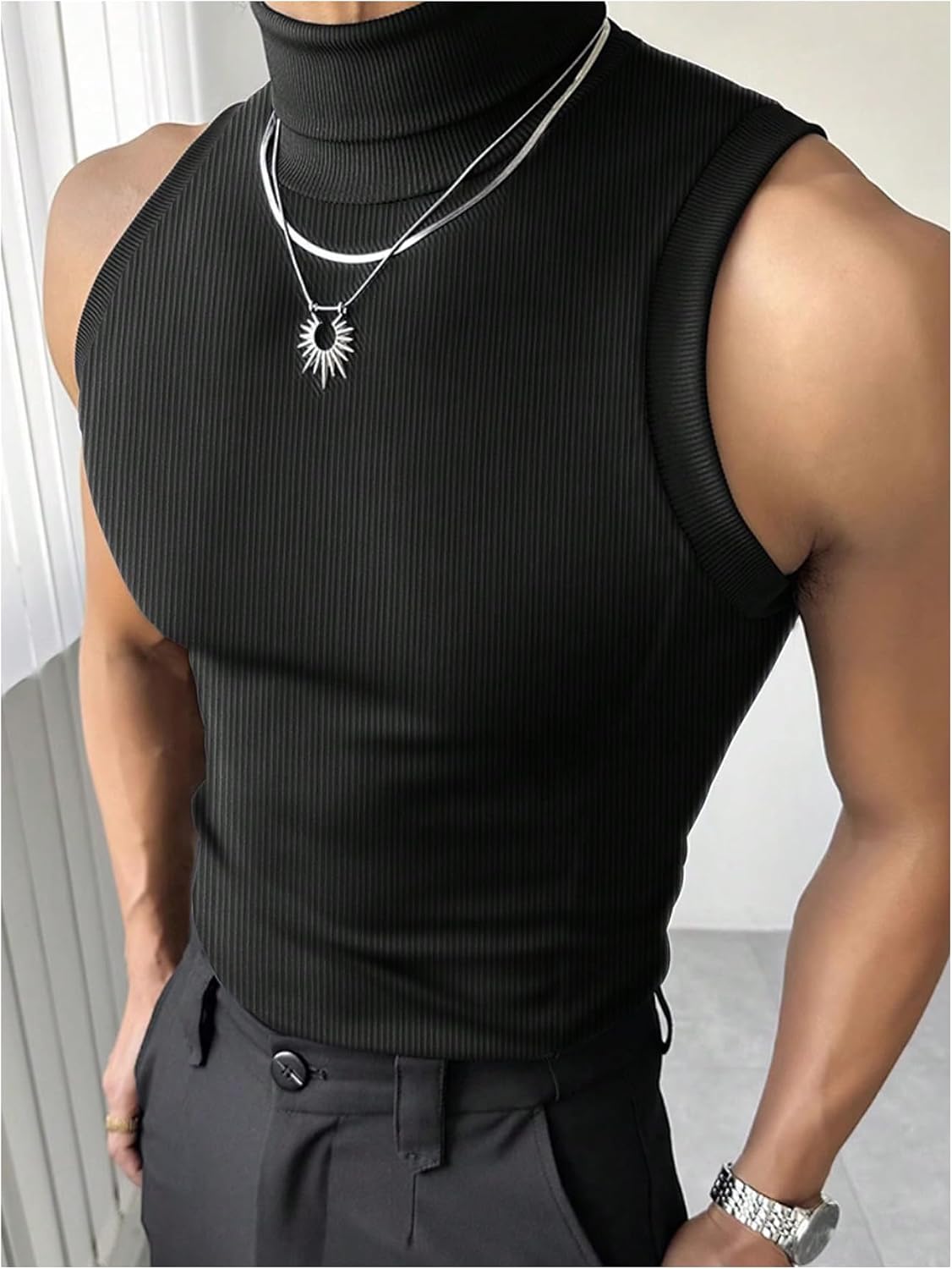 Milumia Men's Rib Knit Tank Top Sleeveless Turtleneck Mock Neck Casual Tops Streetwear