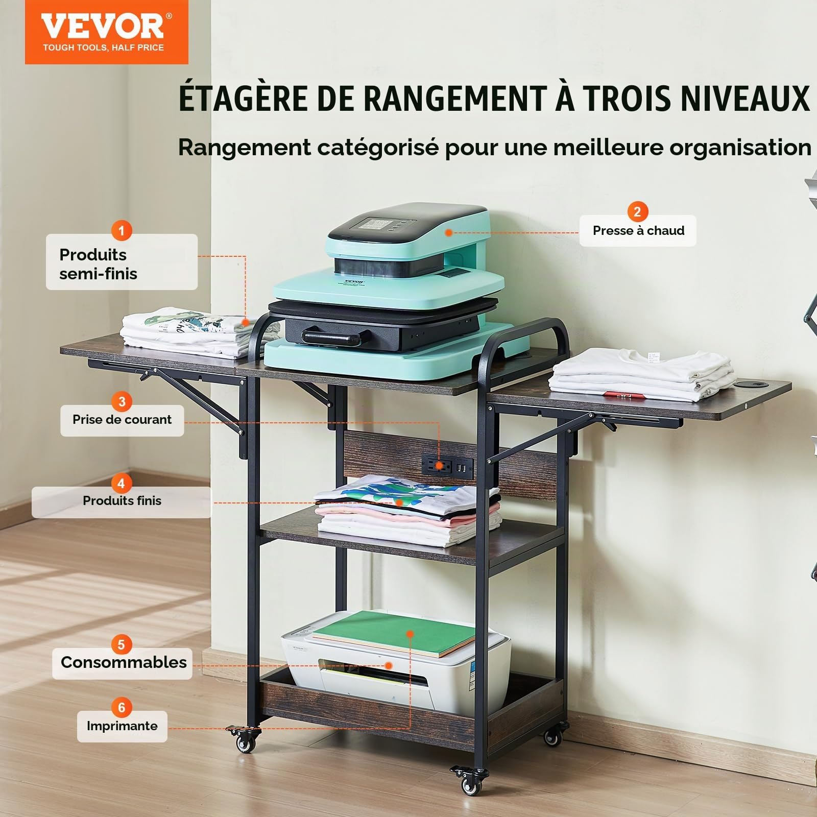 VEVOR Table de Presse à Chaud Mobile à 3 Niveaux, Support de Presse à Chaud avec Station de Charge, Établi pour Machine de Transfert de Chaleur Pliable avec Roues, Poste de Travail Atelier, Marron
