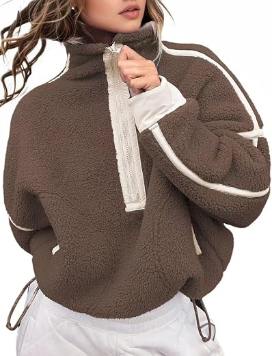 Kumufenc Women's Fleece Sweatshirts Half Zip Pullover Long Sleeve Oversized Workout Crop Tops Hoodie With Pocket