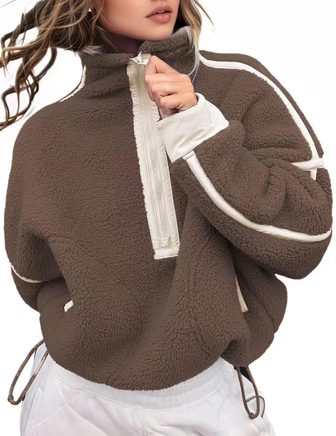 Kumufenc Fleece Half Zip Pullover Crop Hoodie - Image 8