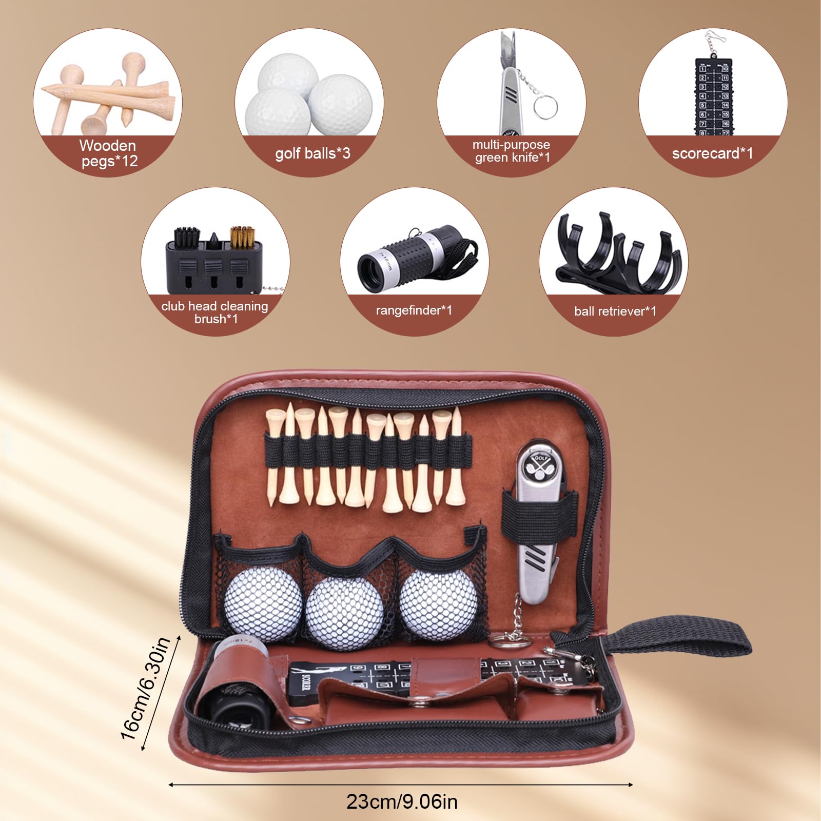 Kit Accessori da Golf Uomo Donna, Borsa Multifunzionale 7 in 1 con Tasca in PU, Regalo per Golfista Completo con Spazzola Pulizia, RaccogliPalle, Forchetta da Green