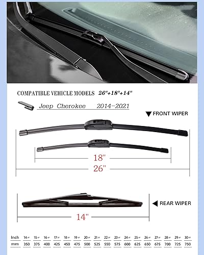 Miniatura 8 de Juego de 3 limpiaparabrisas de repuesto para Jeep Cherokee 2014, 2015, 2016, 2017, 2018, 2019, 2020, 2021, 26, 18 + 14 pulgadas (juego de 3) gancho