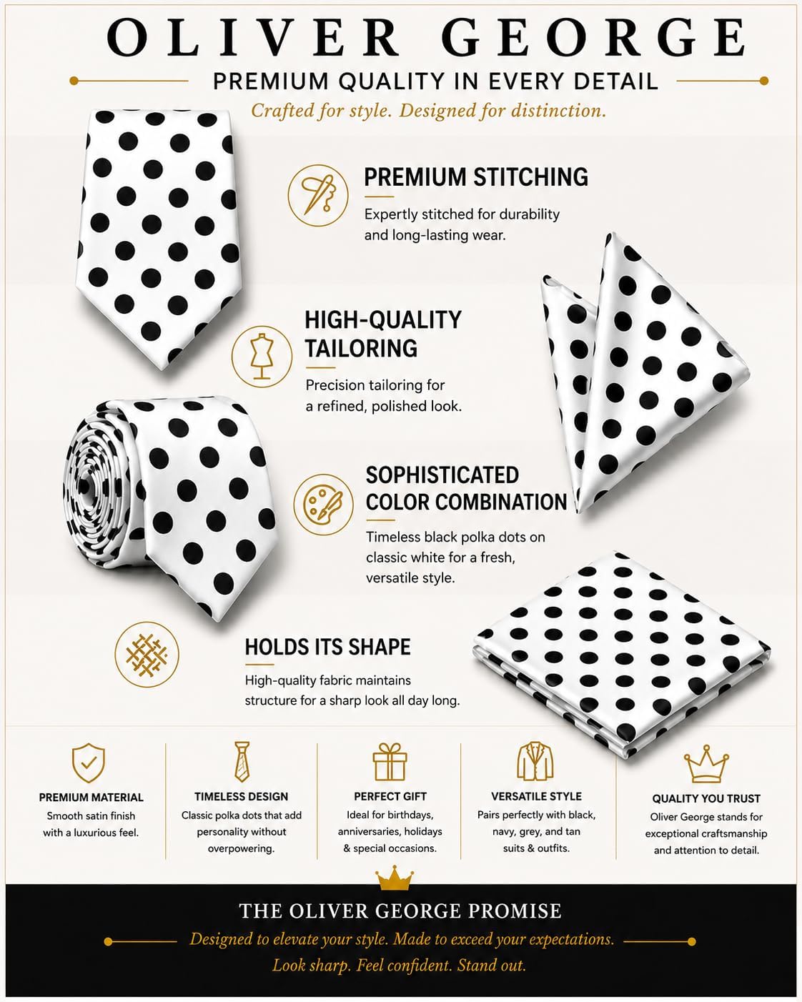 Oliver George Men’s Polka Dot Necktie & Pocket Square Handkerchief Set Casual Business Formal Ties for Suit or Tuxedo