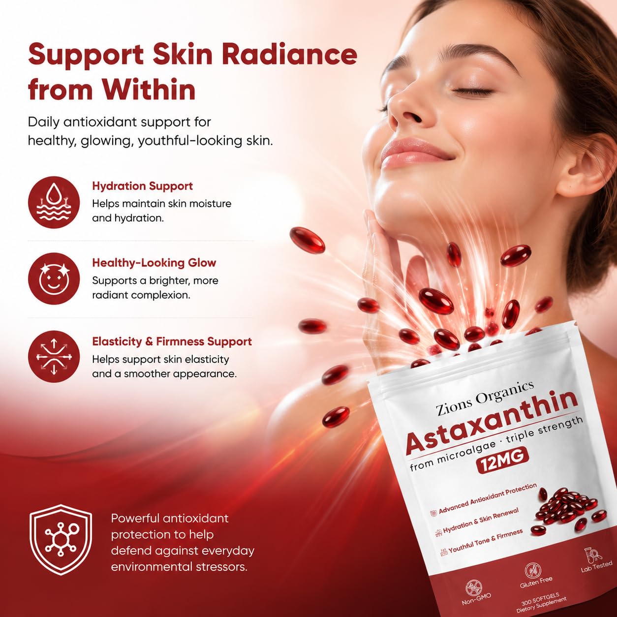 Zions Organics Astaxanthin 12mg Softgels - Premium Astaxanthin Antioxidant Supplements, Triple Strength, Non-GMO, Gluten Free, No Soy, 200 Softgels — Amazon image 5