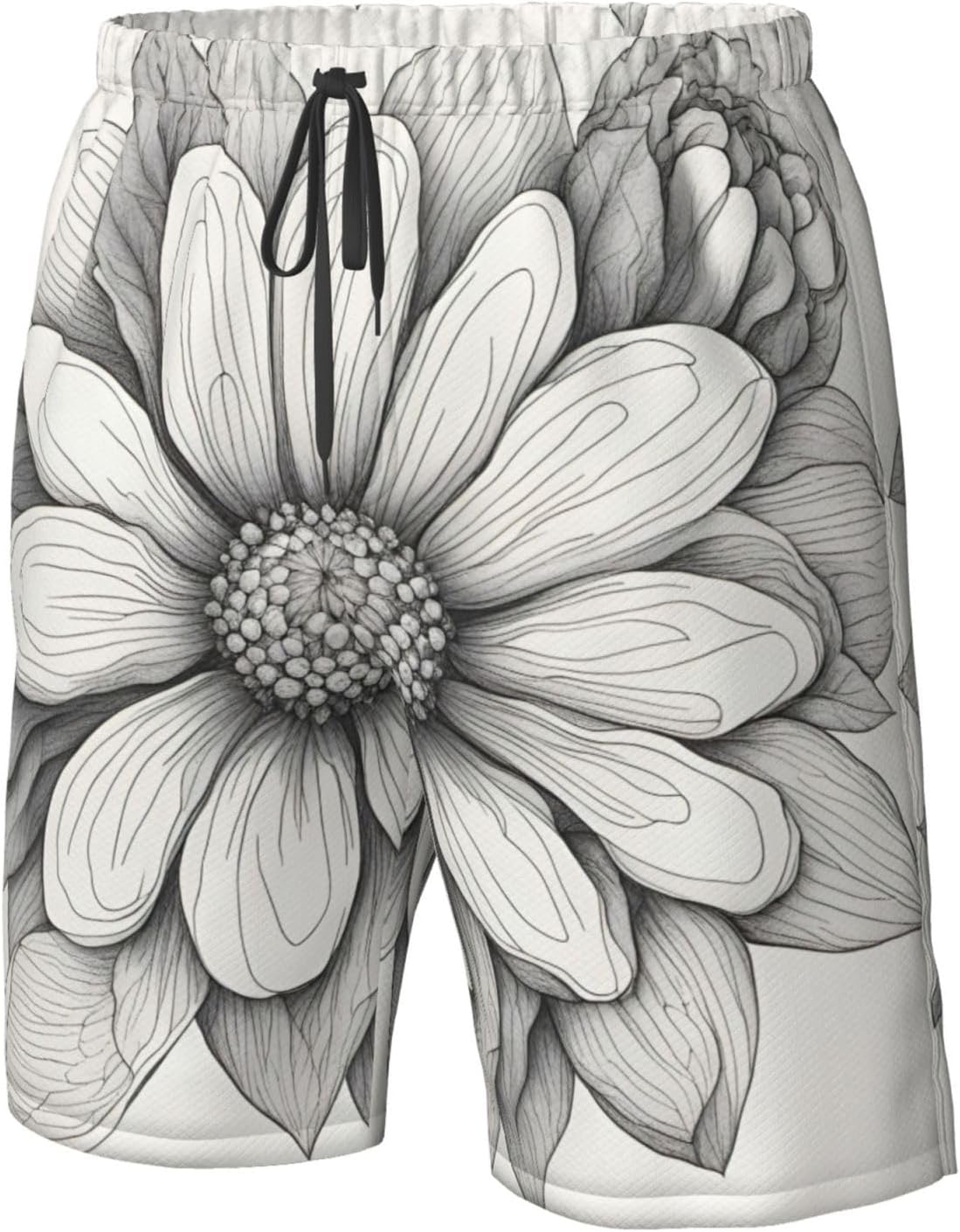 Mens Hand Drawn Flower Print Beach Shorts,Casual Summer Shorts for Men,Quick Dry Polyester
