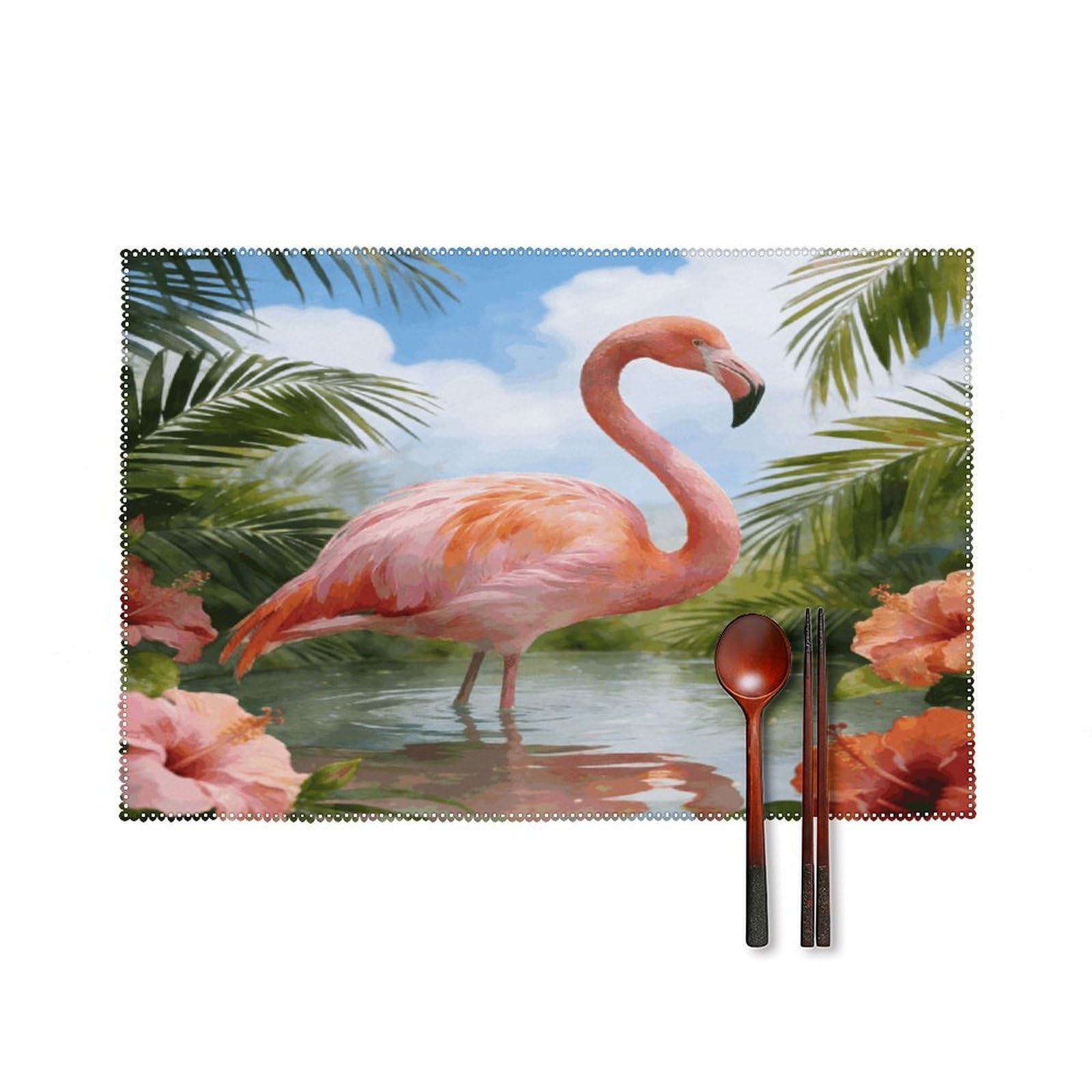 Watercolor Tropical Flamingo Placemats Set of 6 Non-Slip Stain Resistant Indoor Outdoor Table Mat Washable Cloth Place Mat Fashion Kitchen Placemat for Dining Table Decoration 17.7x11.8 in
