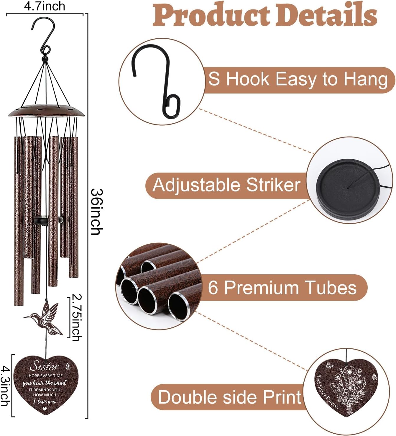 Sister Gifts, 36" Bronze Wind Chimes, Sister's Birthday Christmas Mothers Day Valentines Day Wedding Graduation Gifts, with S Hook Greeting Card Hummingbird Pendant