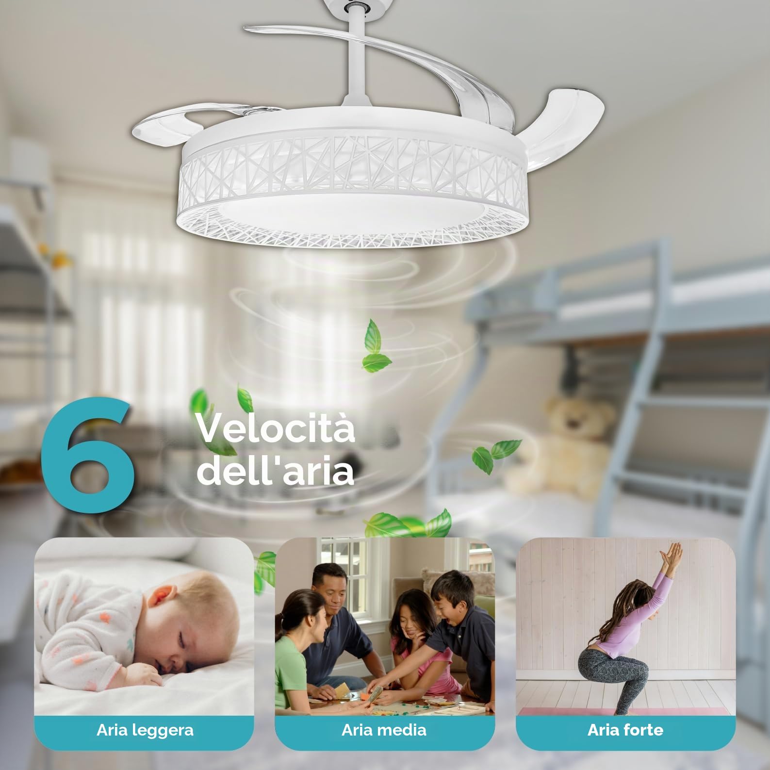 LED ATOMANT 2x Ventilatore LED 4 Pale Retrattili Diam 109cm 72W CCT Dimmer | 4100 lumen, Telecomando, Modalità estate/inverno, 6 velocità