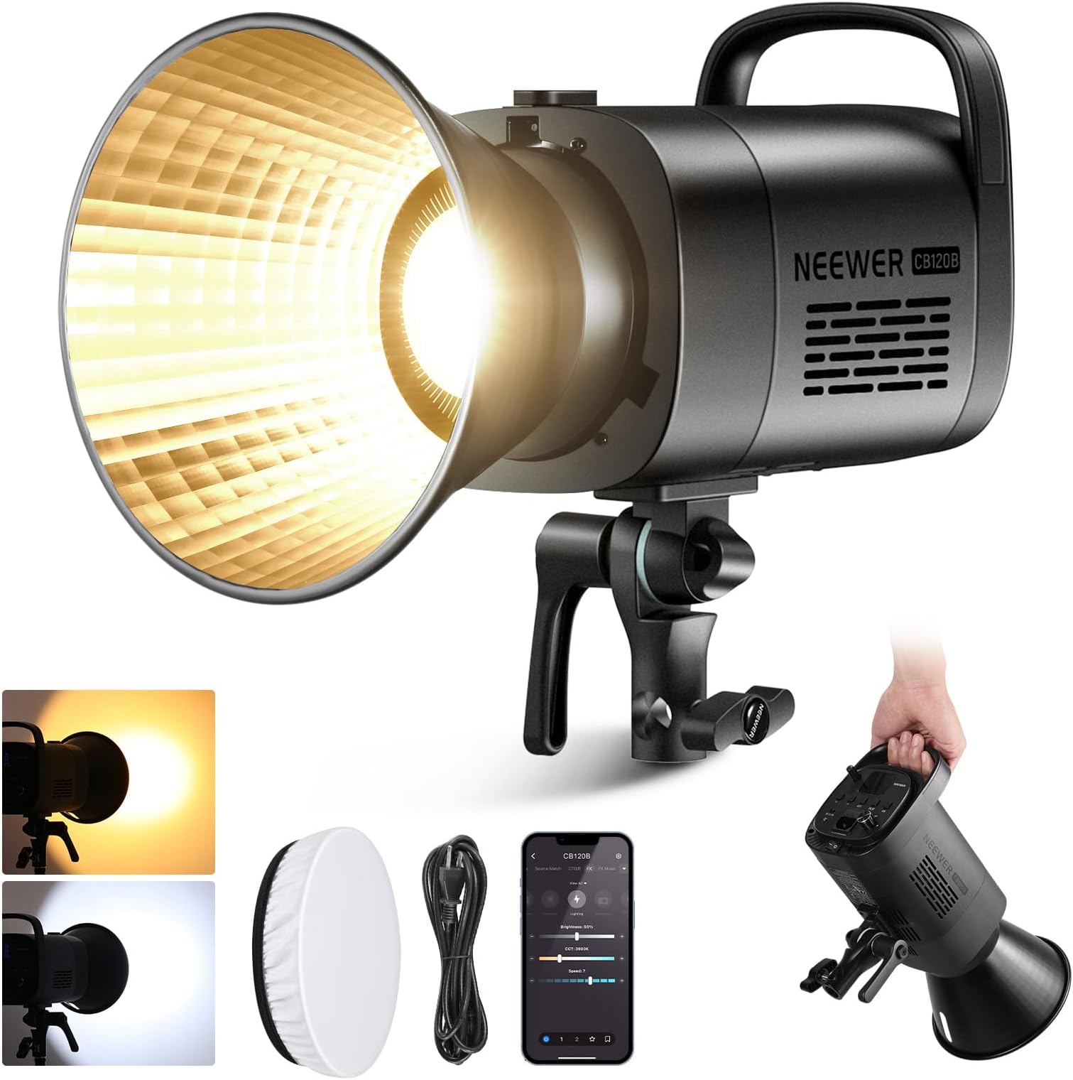 CB120B 120W LED Video Light with 2.4G&APP Control COB Bi Color 2700K-6500K 78000lux at 1m/CCT Mode/CRI97/12 Scenes/Bowens Mount Continuous Output Lighting for Studio Photography/Video Recording