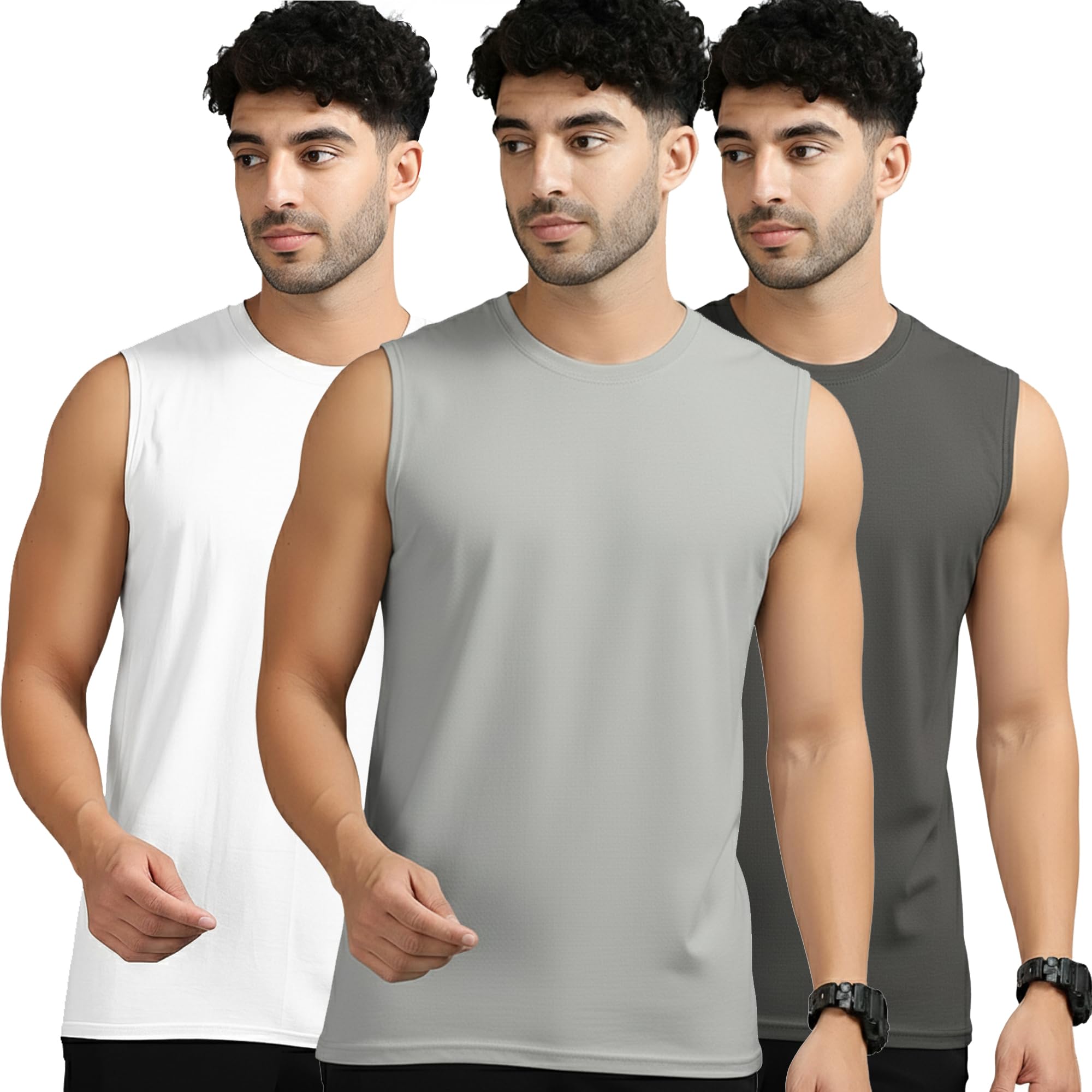Men's Active Wear Sleeveless T-Shirt Gym Wear Tank Top Vest Round Neck Running Sando for Sports (Pack of 3)-picture-30