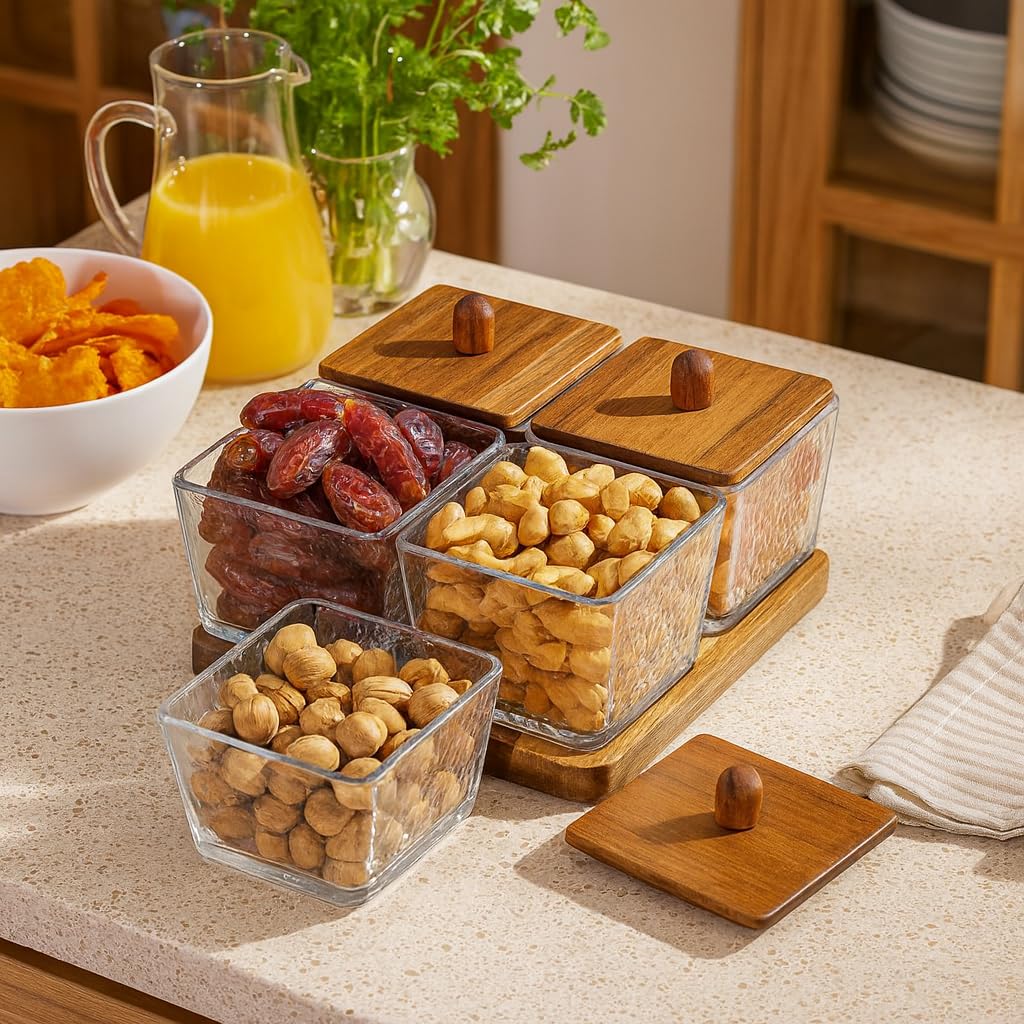 The Better Home Platters Serving Set for Snacks with Wooden Tray & 4 Jars | Premium Soda Lime Glass | Serving Tray with Bowls (Pack of 4 (220ml Each)), Transparent-image-3