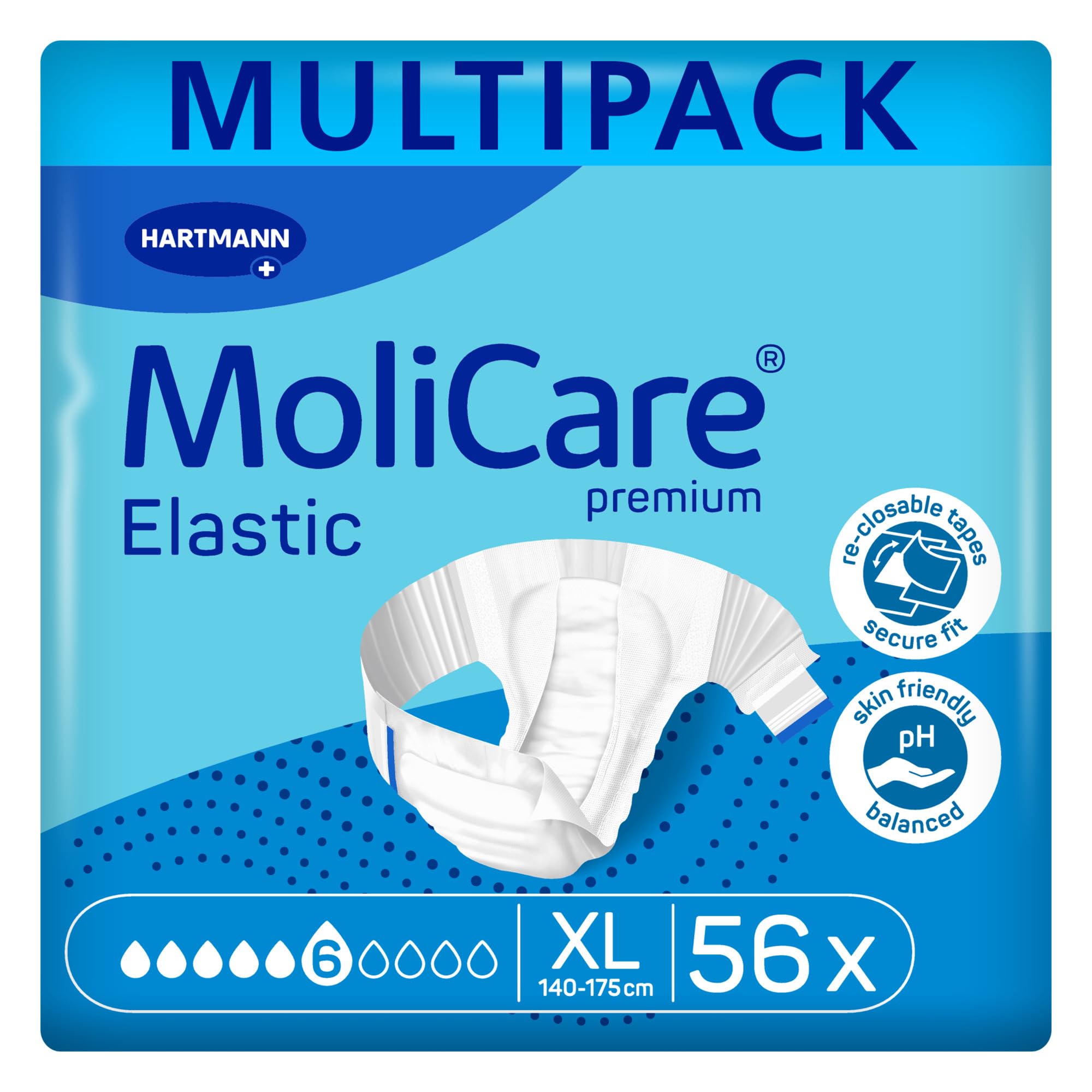 MoliCare Premium Elastic Adult Nappies – 6 Drops | High-Absorbency Disposable Diapers for Men and Women with Severe Incontinence| Size XL | 4 Packs of 14 (56 Pieces)
