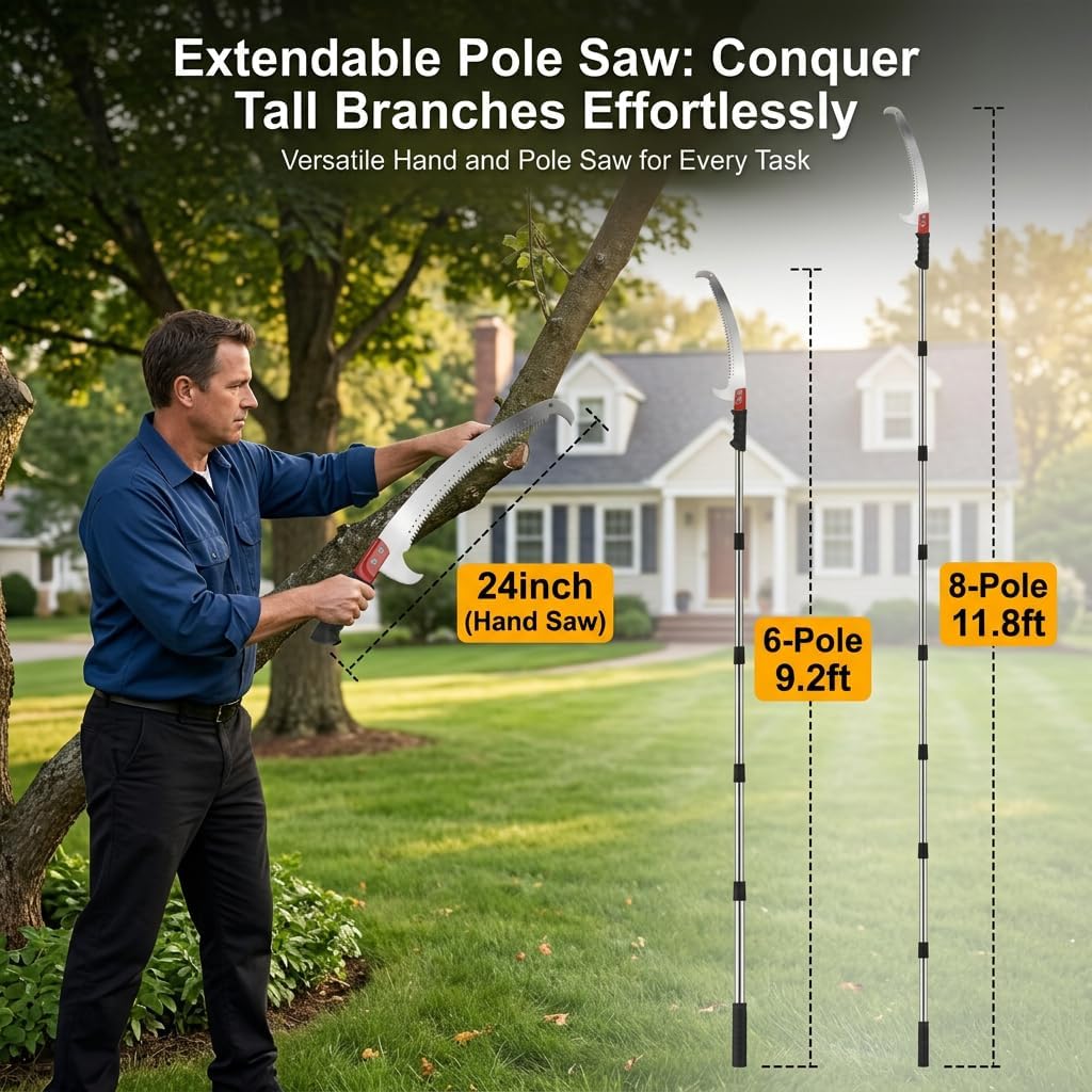 RISETEX Pole Saws for Tree Trimming 9.2 FT, Manual Pruning Saw with Manganese Steel Blade, Long Reach Branch Cutter Pole Pruner, Lightweight Tree Trimmer for Yard Garden Forestry