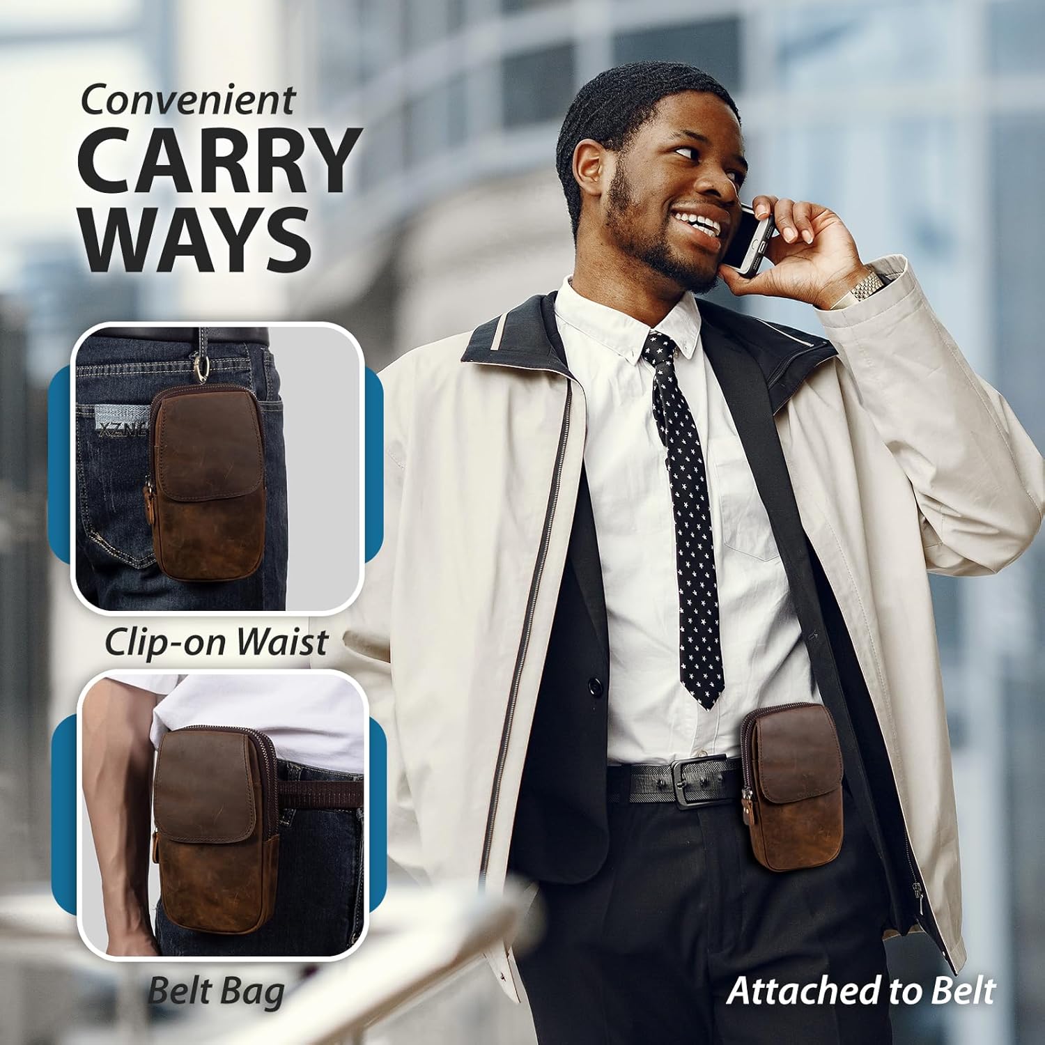 Hengwin Leather Men Cell Phone Holster Wallet Case with Belt Clip Travel Messenger Bag Waist Pouch Crossbody Purse Fits for iPhone 17 Pro Max 16 Pro Max 15 Pro Max Samsung Galaxy S25 Ultra (Coffee) - Image 5