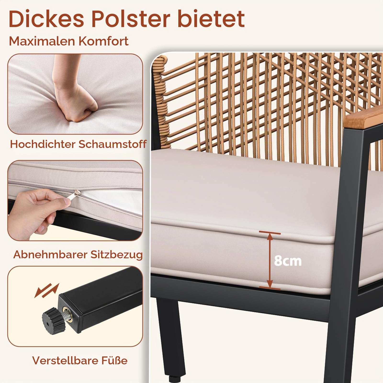 LIFERUN Gartenstuhl Rattan 1er Set, Terrassenstühle, Balkonstühle Metall