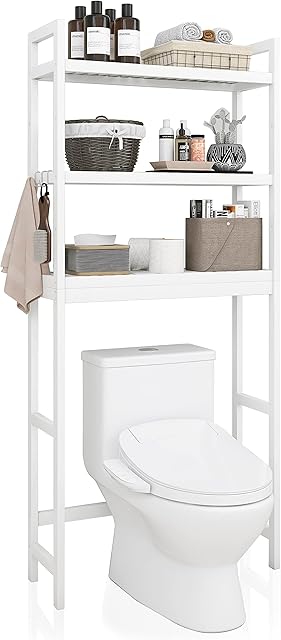 SMIBUY Bathroom Storage Shelf, Bamboo Over-The-Toilet Organizer Rack, Freestanding Toilet Space Saver with 3-Tier Adjustable Shelves (White)