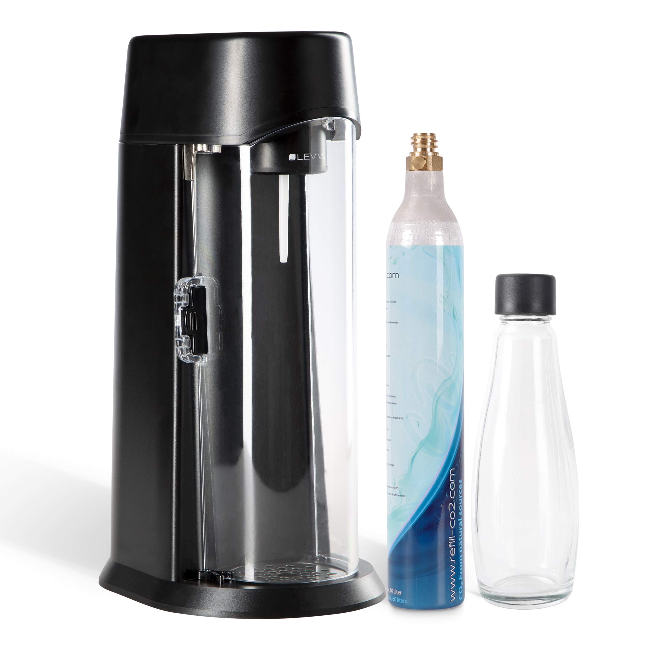 Levivo Gasificadora WATER incl. botella de vidrio y cilindro de CO2, apta para todos los cilindros de CO2 de 0,6 l y 1,2 l, se acabó cargar botellas, Negro Antracita