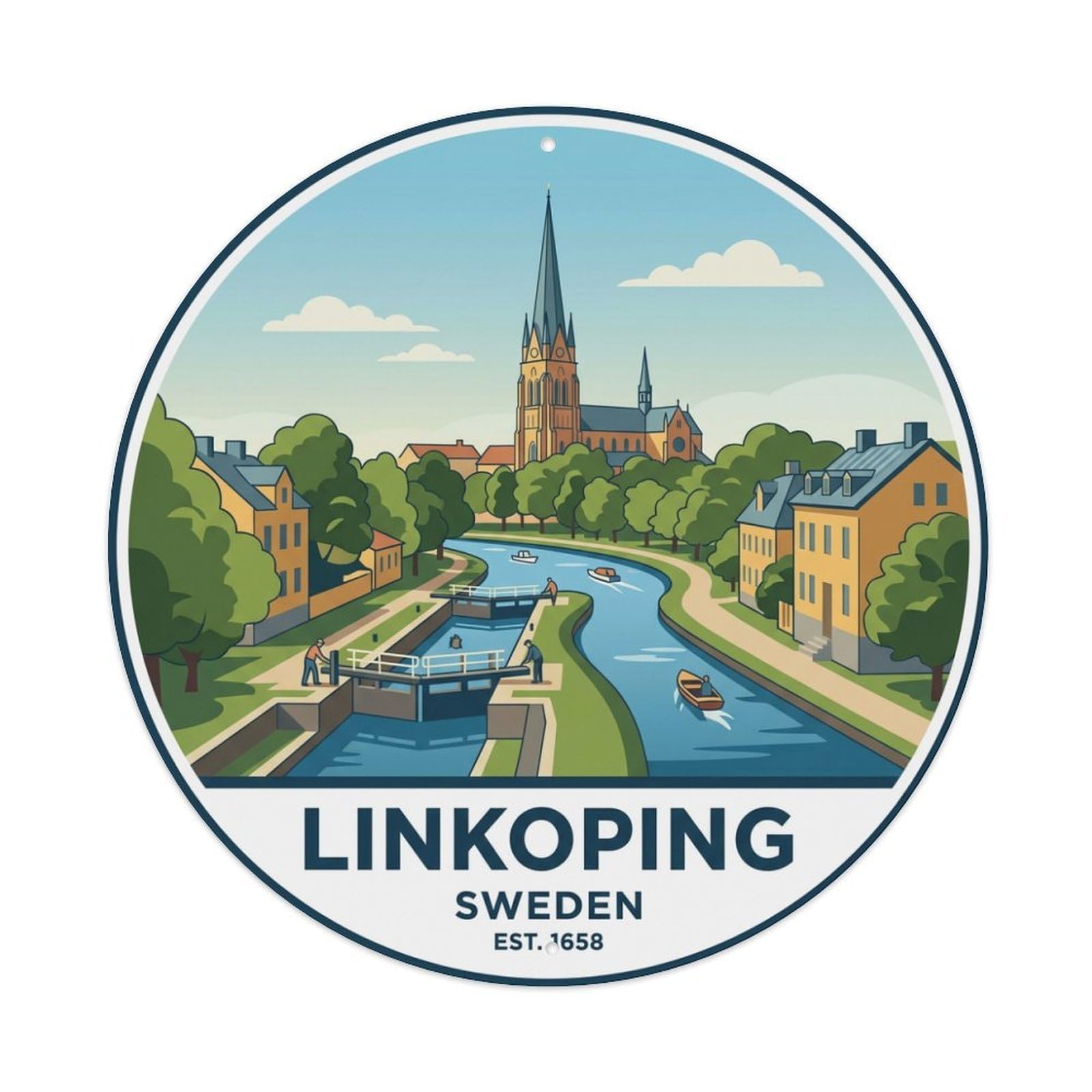 Vintage Travel Linkoping Sweden Riverside Metal Tin Sign