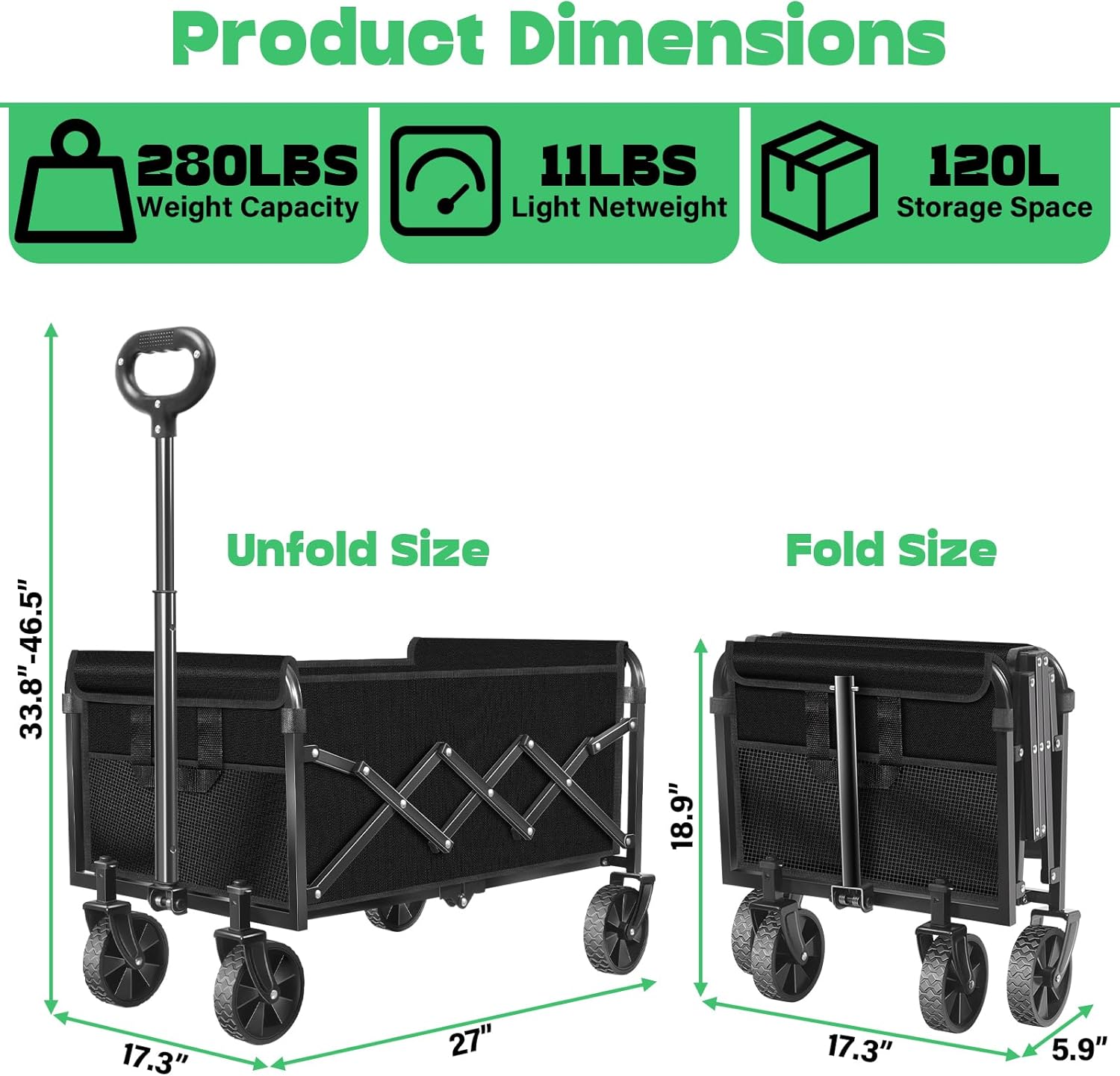 Collapsible Wagons carts Foldable Wagon, 280lbs Folding Wagon Cart with Wheels, Utility Camping Cart for Camping Picnic Grocery Sports Garden