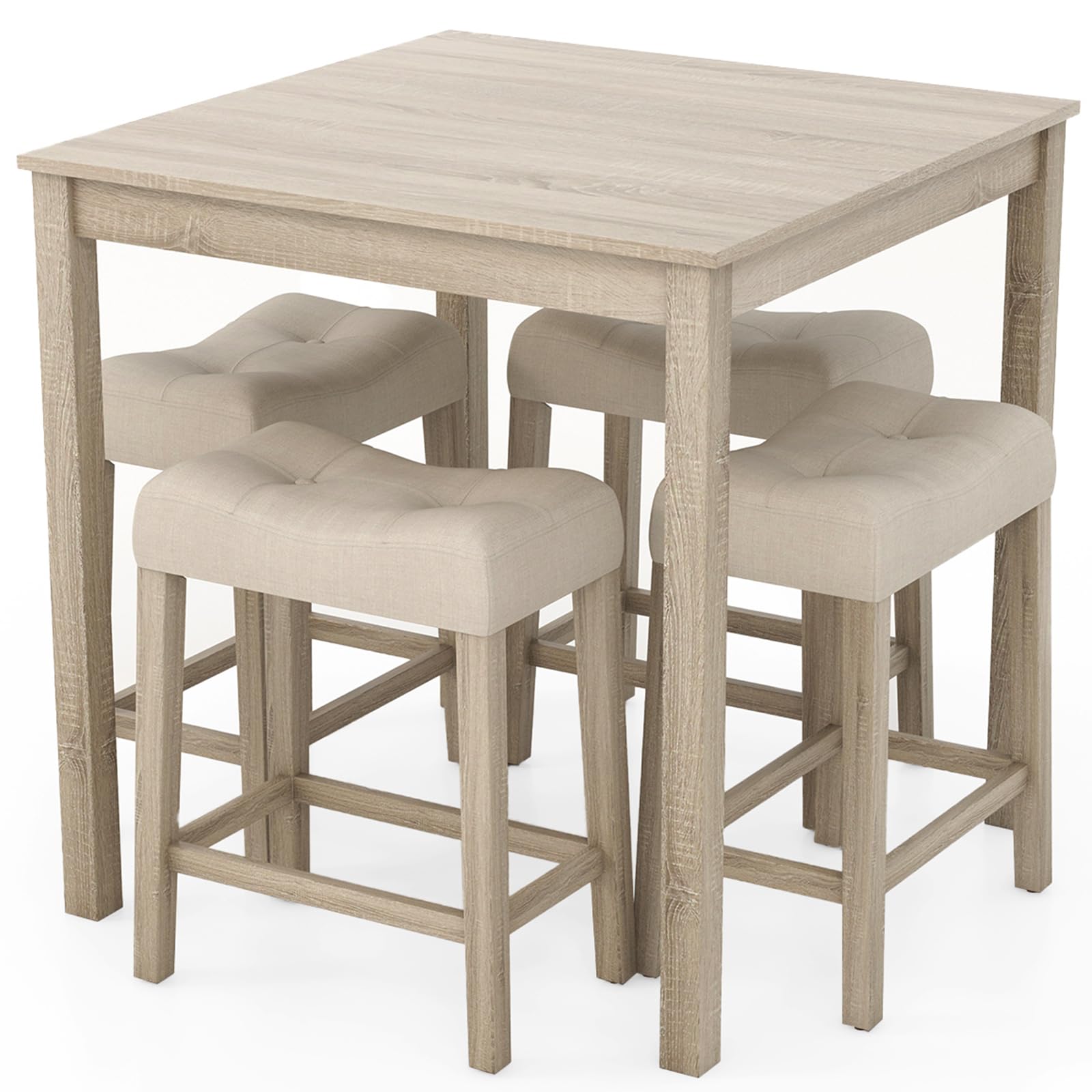 Giantex 5-Piece Bar Table Set with 35”x35 Square Table, 18”x11 Padded Stools, Rubber Wood Legs, Footrest, Bar Table and Chairs Set for Kitchen,