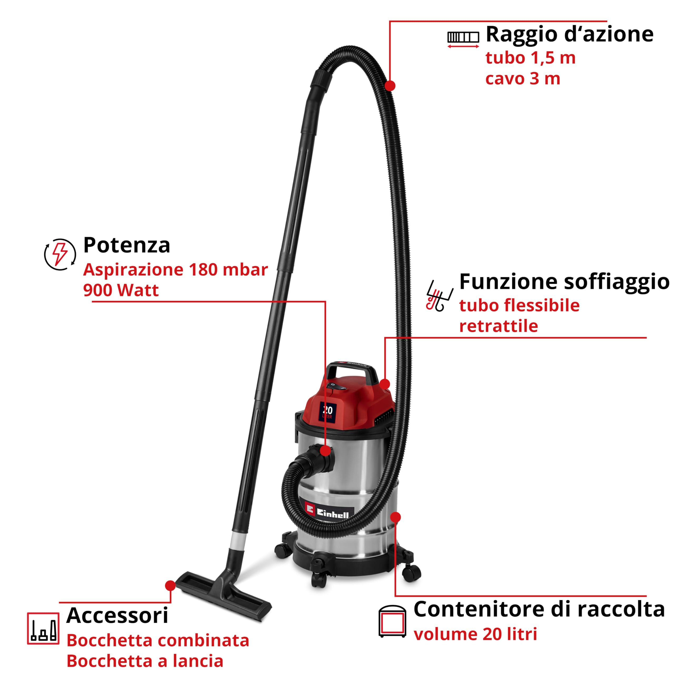 Einhell Aspiratore a secco e umido TC-VC 2045 S 900 W 180 mbar 20 l acciaio inox