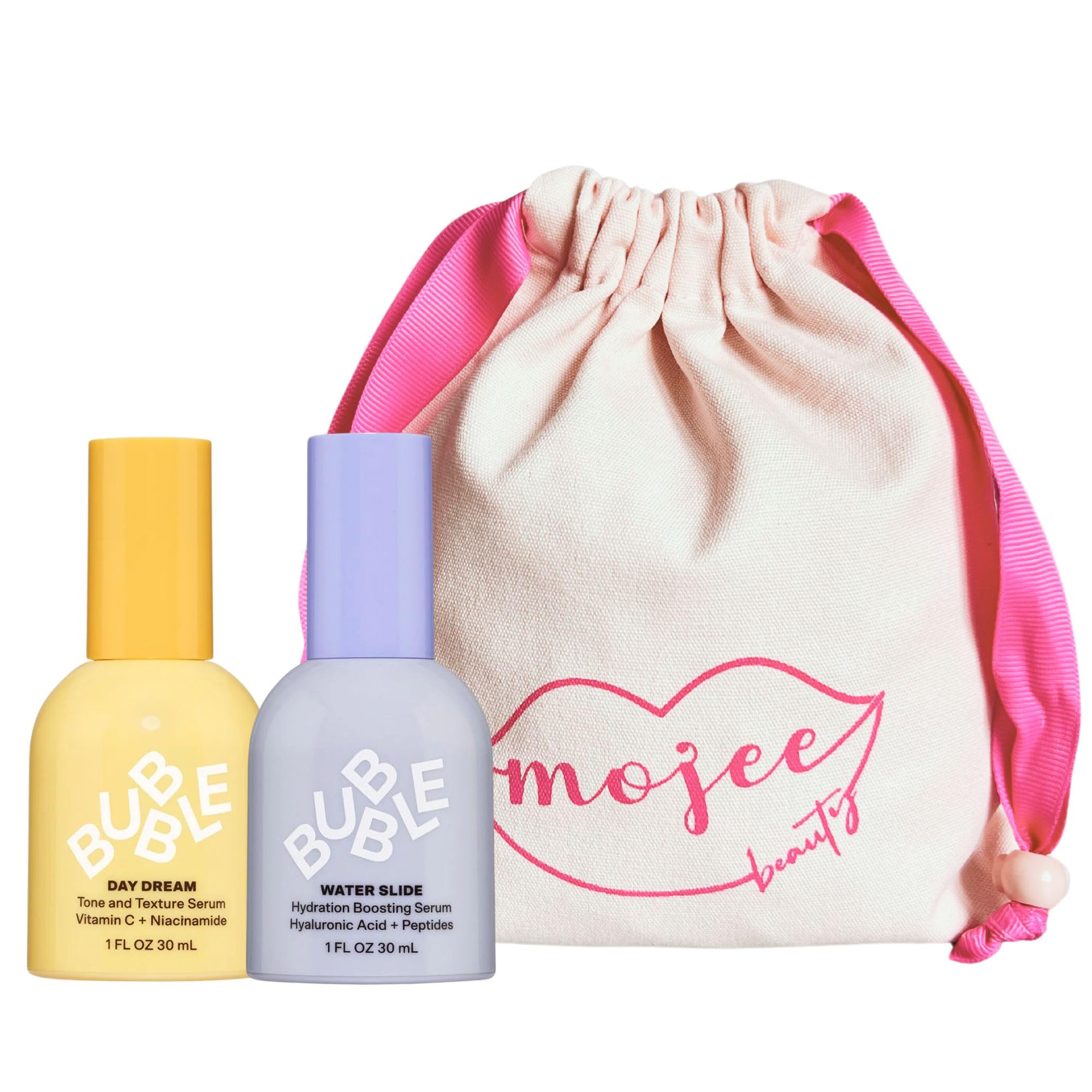 Skincare Bundle With Bubble Skincare Day Dream Vitamin C + Niacinamide Serum 30ml, Bubble Skincare Water Slide Hyaluronic Acid Serum 30ml And Mojee Beauty Canvas Bag