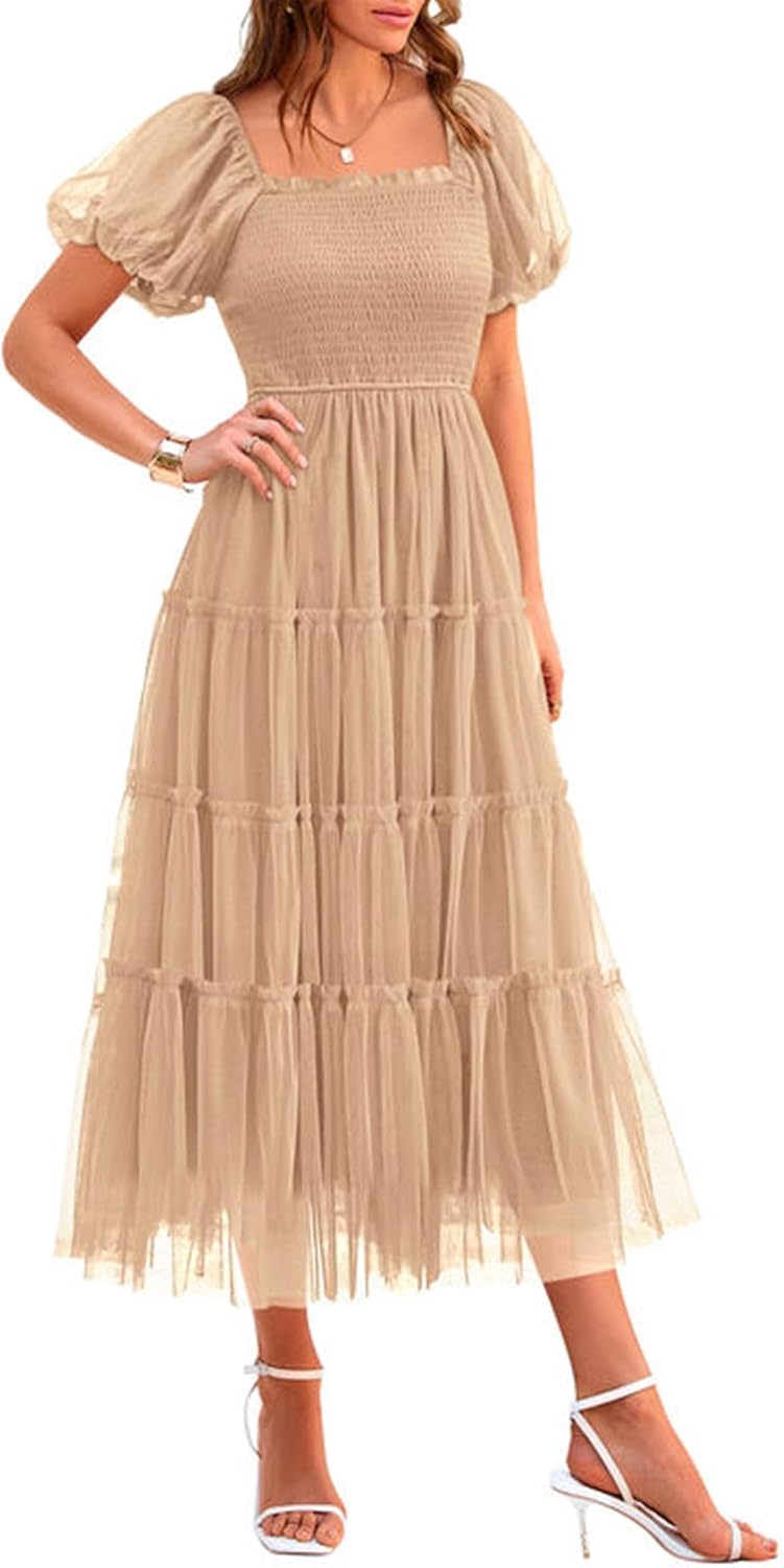 PRETTYGARDEN Women's Smocked Midi Tulle Dress 2026 Summer Puffy Short Sleeve Square Neck Ruffle Wedding Guest Party Dresses