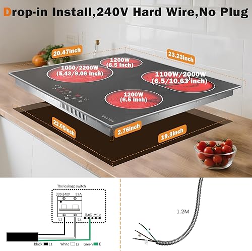 Vista 42 de Noxton Placa de cocina de cerámica, 4 quemadores incorporados, estufa eléctrica, cocina eléctrica con control táctil, temporizador de bloqueo