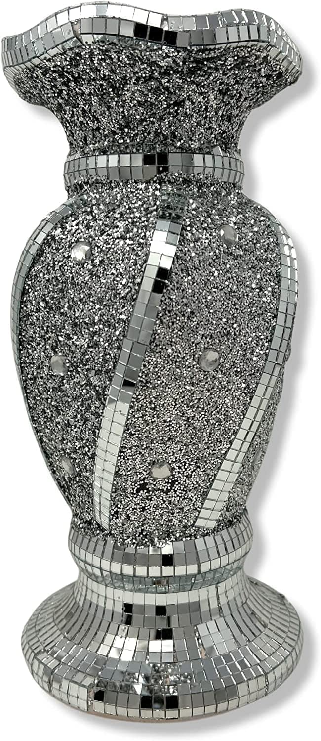 Crystal Crown Silver Sparkle Ornament Bling Crushed Diamond Gift | Crystallized Crushed Mirrored Flower Pot | Crushed Diamond Display | Gift Present For All Occassion Home Decor