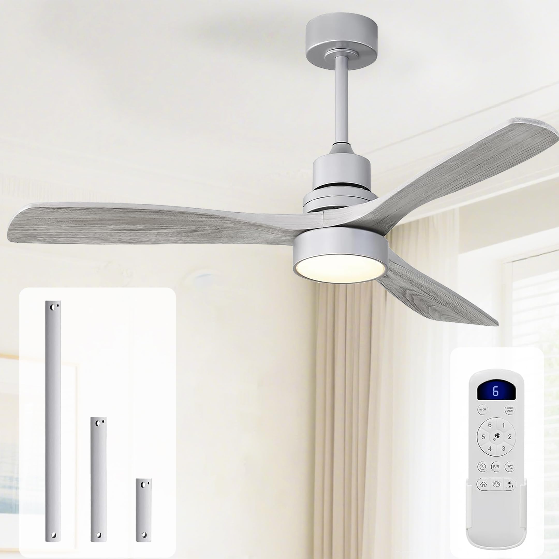 Sofucor 52 Inch Ceiling Fan with Lights and Remote Control-Modern Solid Wood Blade Ceiling Fan for Bedroom Living Room Indoor Outdoor Farmhouse Patio,