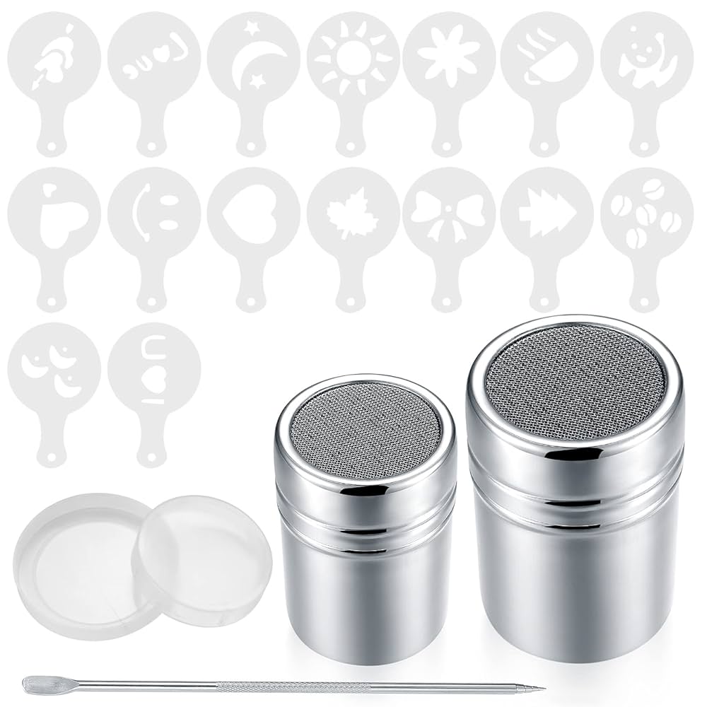Cappuccino Stencil SRUIHAX Powder Coffee Shaker Sets With Lid & Mesh,Stainless Steel Shaker And 16 Pieces Coffee Decoration Stencils,for Cake Bread Cappuccino Cinnamon (Small Cappuccino Accessories For Coffee Bar