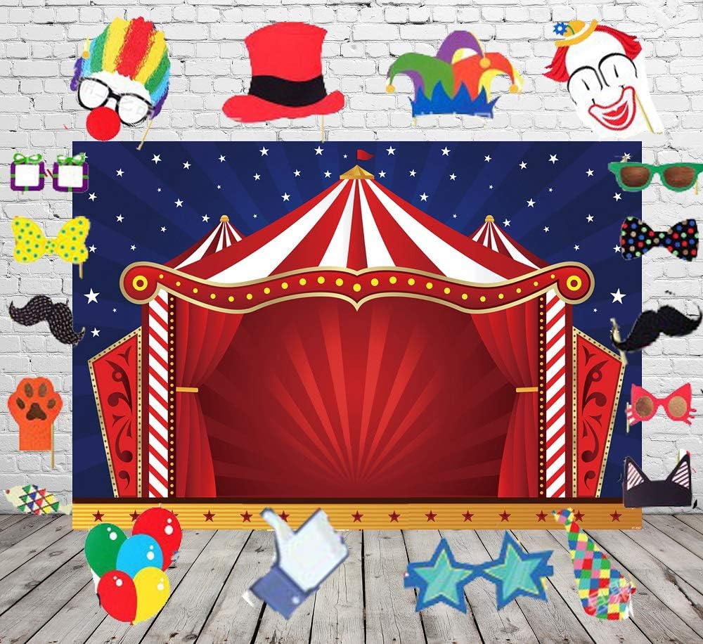Circus Backdrop and Studio Props DIY Kit.Circus Tent Photography Backdrops Glitter Stars Carnival Red Tent Kids Birthday Party Banner Decor Baby Shower Background for Pictures XT-4567