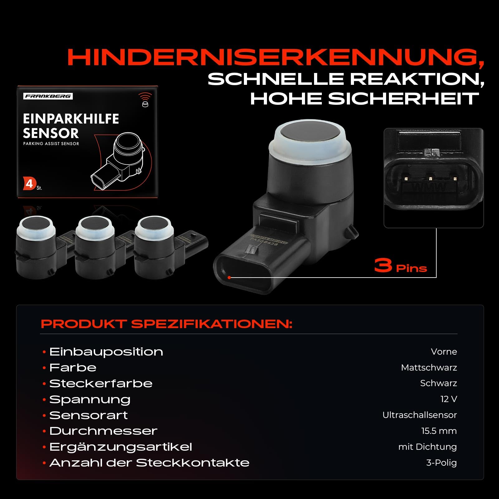 Frankberg 4x Parksensor Vorne Kompatibel mit 307 3A/C 1.4L-2.0L 2000-2012 308 CC 4B 1.6L 2.0L 2009-2014 308 I 4A 4C 1.4L-2.0L 2007-2014 Replace# 2125420118