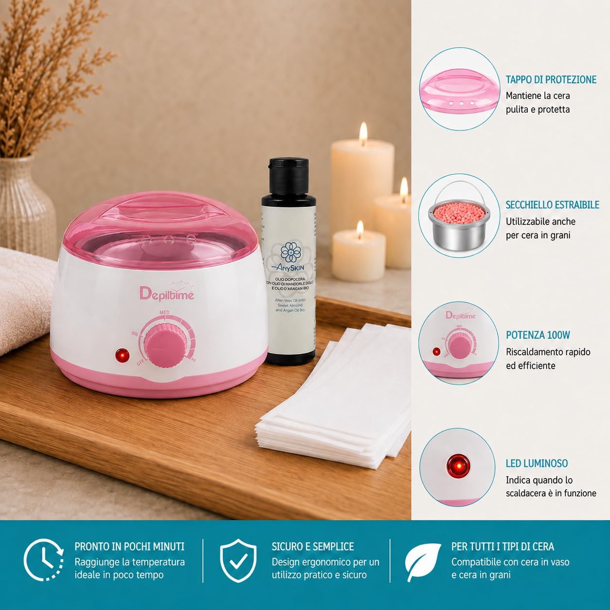 KIT DEPILACIÓN ANYSKIN> CALENTADOR DE CERA + 2 CERAS FLORERO LIPO + DESPUÉS DE LA CERA ANYSKIN + ROLLO DE DEPILACIÓN + ESPATULA DE CERA