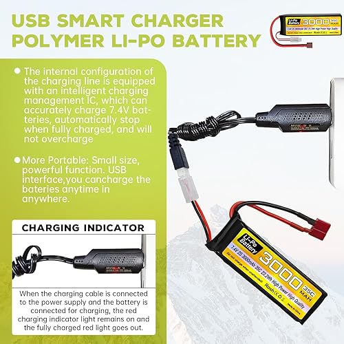 Miniatura 4 de sea jump 2S Lipo Batería 7.4V 3000mAh 35C con enchufe T y cable de carga USB adecuado para RC coche, camión, barco, RC Quadcopter Aircraft, batería