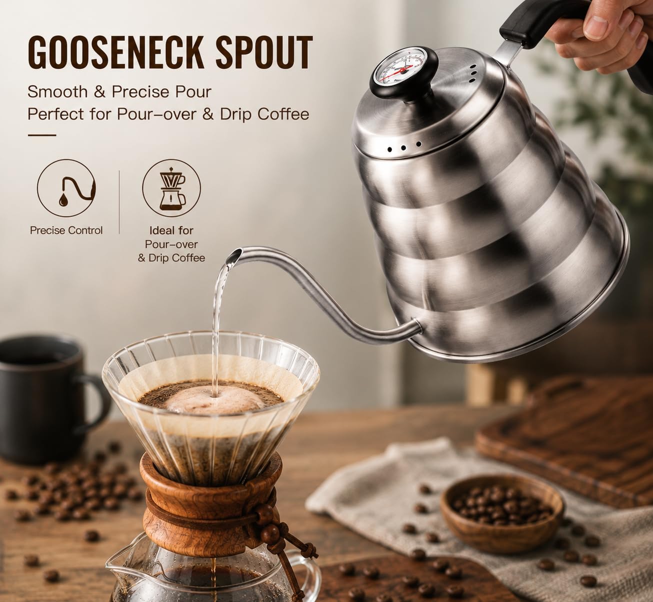 Gooseneck Kettle with Thermometer, Pour Over Coffee Kettle for Stovetop, Tea, Camping, 1200ml, Silver