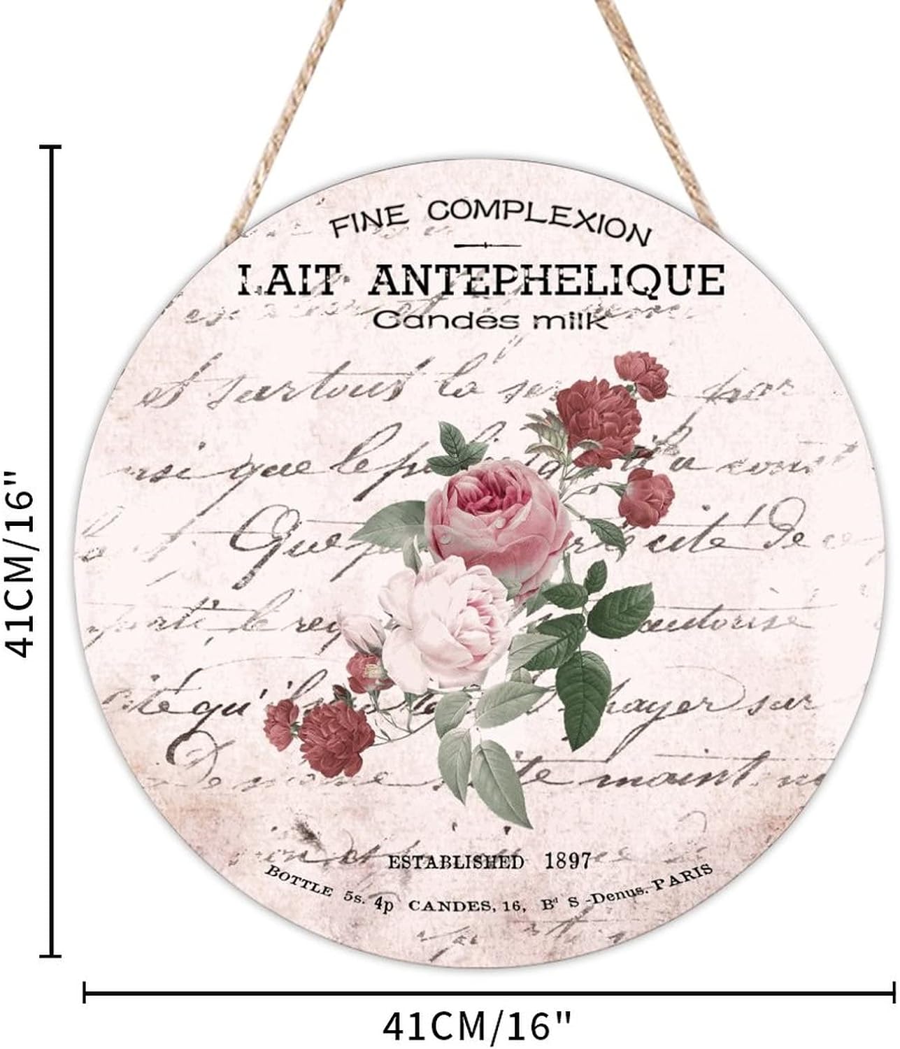 French Vintage Flower Front Door Round Wood Sign, Rustic Wood Door Sign, 16x16in Retro Wall Hanging Sign Plaque Farmhouse Backyard Door Hanger Wall Decor Housewarming Gifts