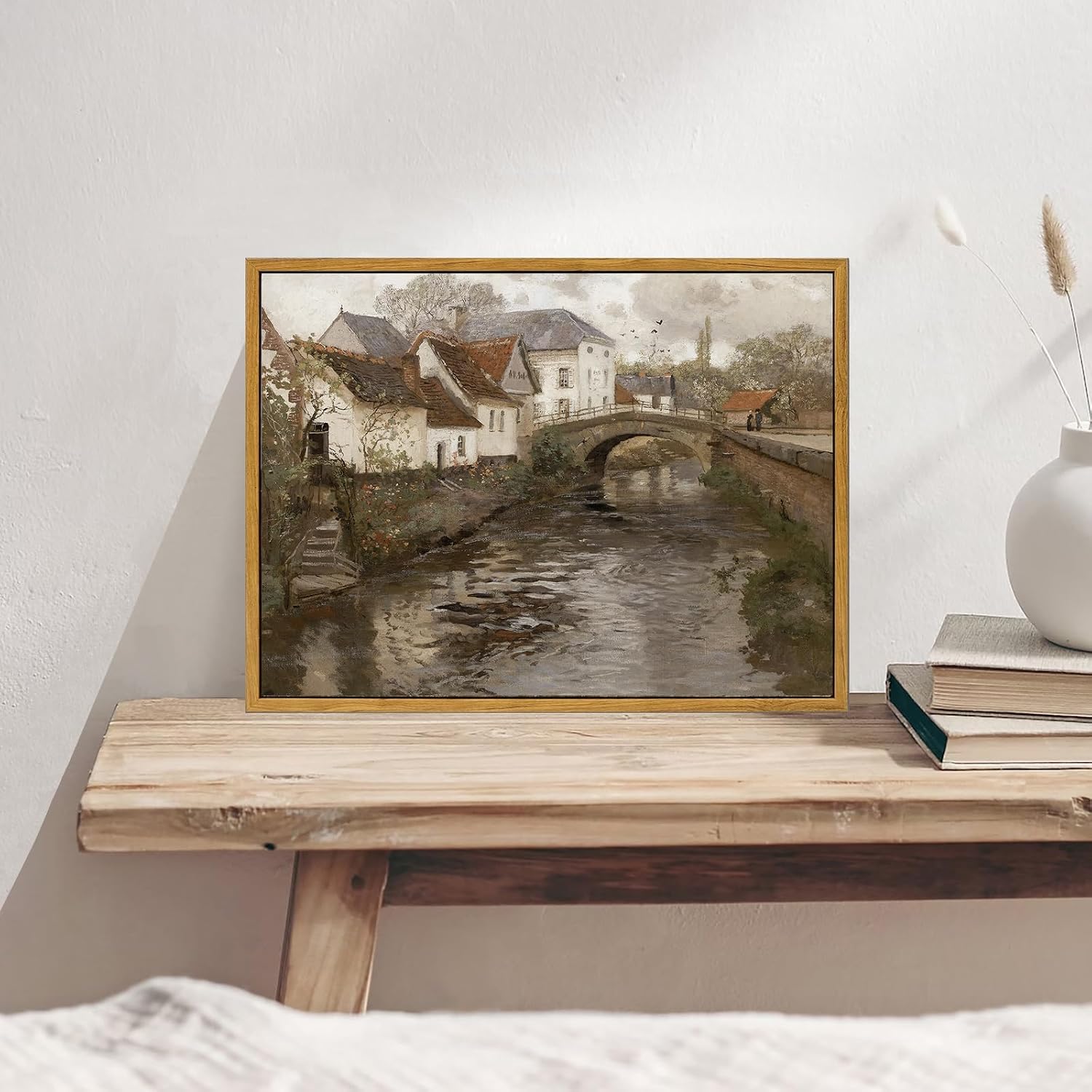 KBKBART Canvas Wall Art Framed Riverside Small Town Artwork Print 12x16inch image 3