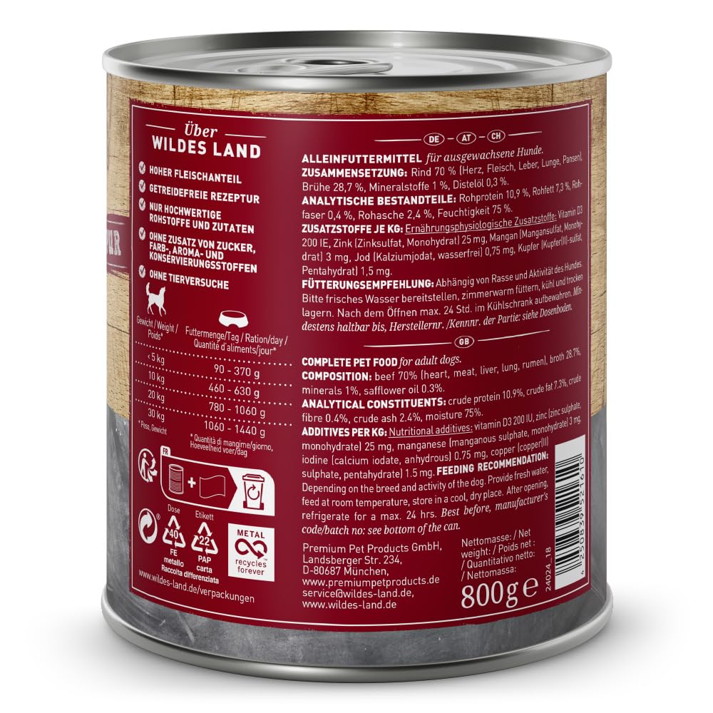 Wildes Land - Nassfutter für Hunde - Rind PUR - 12 x 800 g - mit Distelöl - Getreidefrei - Extra hoher Fleischanteil von 70% - Beste Akzeptanz und Verträglichkeit