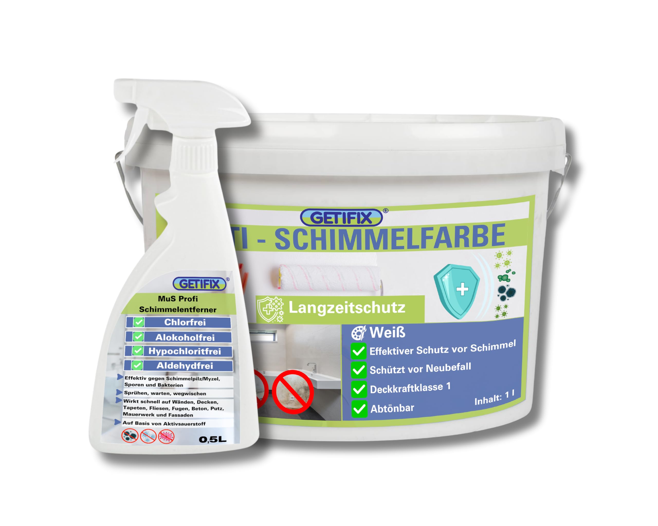 Schimmelentferner Spray (chlorfrei) 0,5 l + Schimmelfarbe Weiß 1 l, effektives Duo für die Schimmelentfernung und Schutz vor Neubefall, für viele Wände geeignet