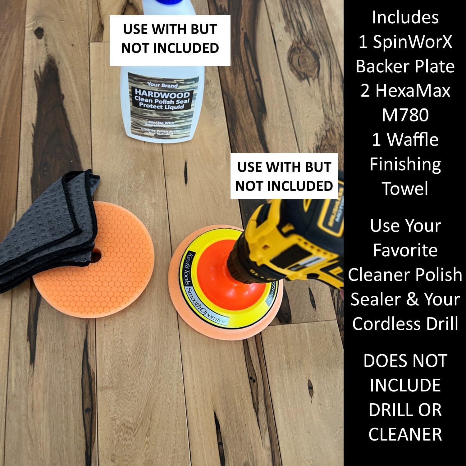 Keyfit Tools SmoothOperator PROFESSIONAL Drill Powered Hardwood Floor Wood Table Cleaner Polish Sealer ~HexaMax M780 Proprietary Non Abrasive Cleaning/Polishing/Sealing Material