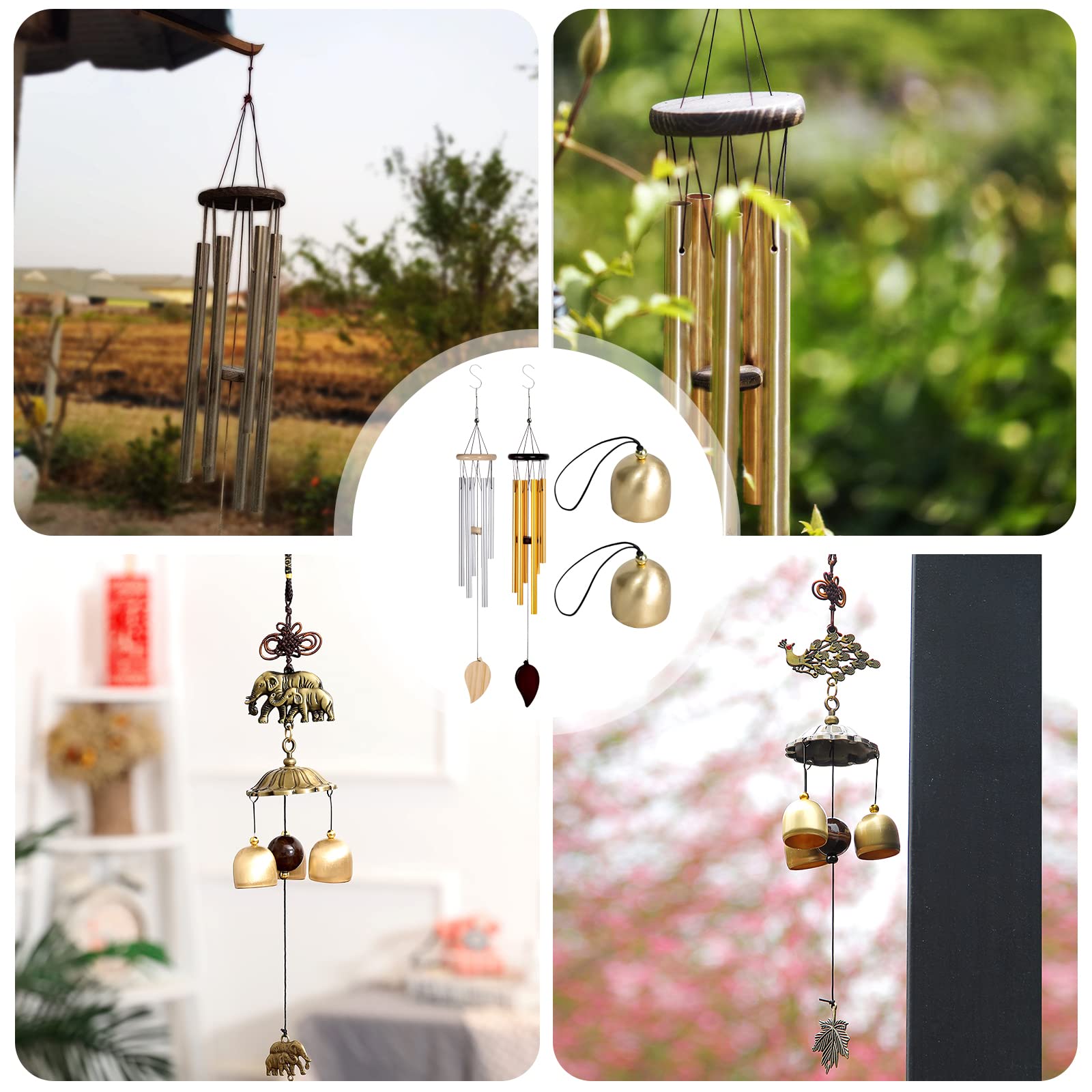 Scacciapensieri per Esterni: 2 Pezzi Sospesi con 6 Tubi, Gioco Sonoro con 2 Campanelli, Scacciapensieri per Esterni, Campane in Metallo per Decorazione della Casa, Regali, Scacciapensieri da Giardino