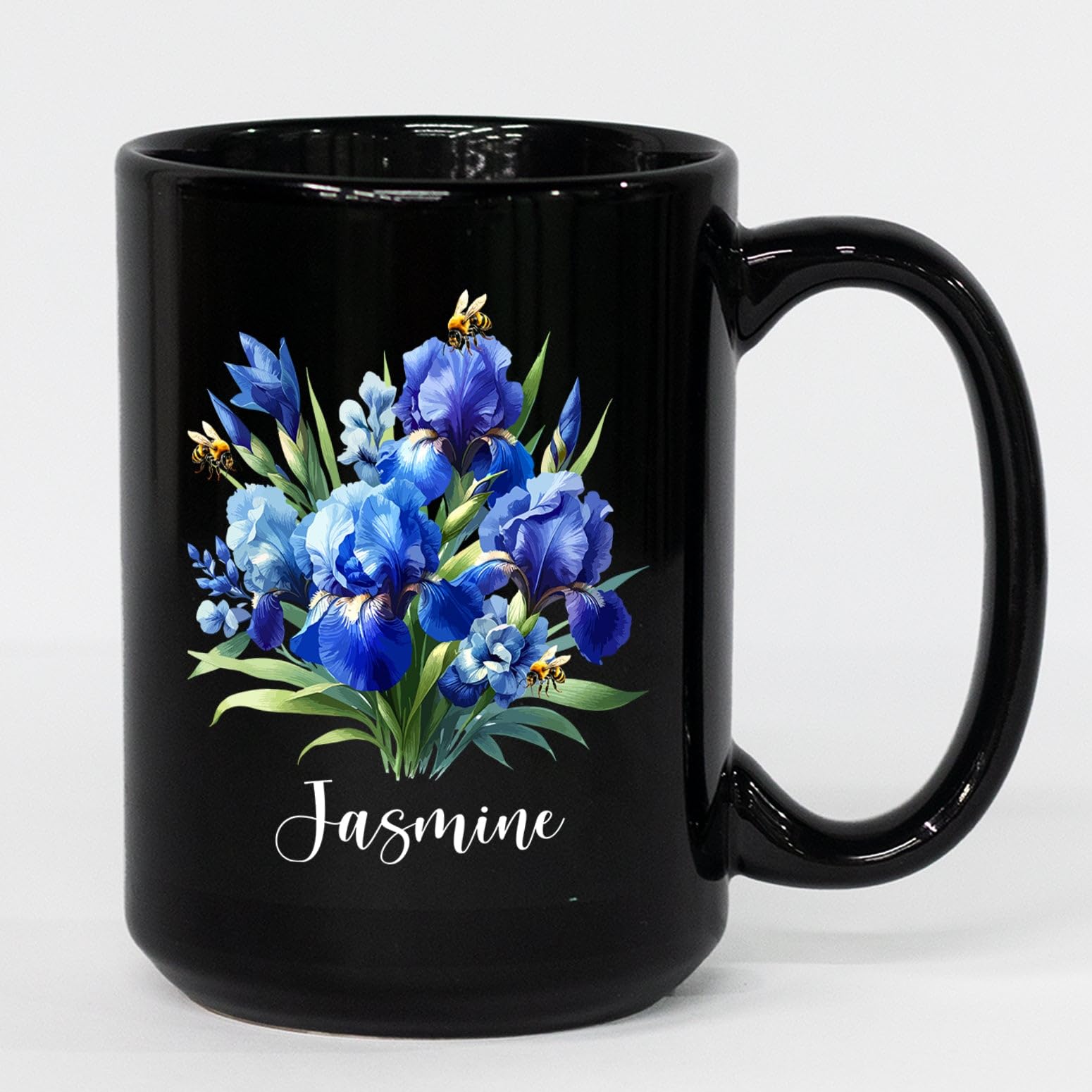 Personalized Iris Flower Coffee Mug Cup Gift For Birthday Christmas, Beautiful Iris Coffee Cup, Custom Choose Name Iris Lover Black Ceramic Mug 11 Oz 15 Oz, Iris Floral Travel Mug, Unique Iris Teacup