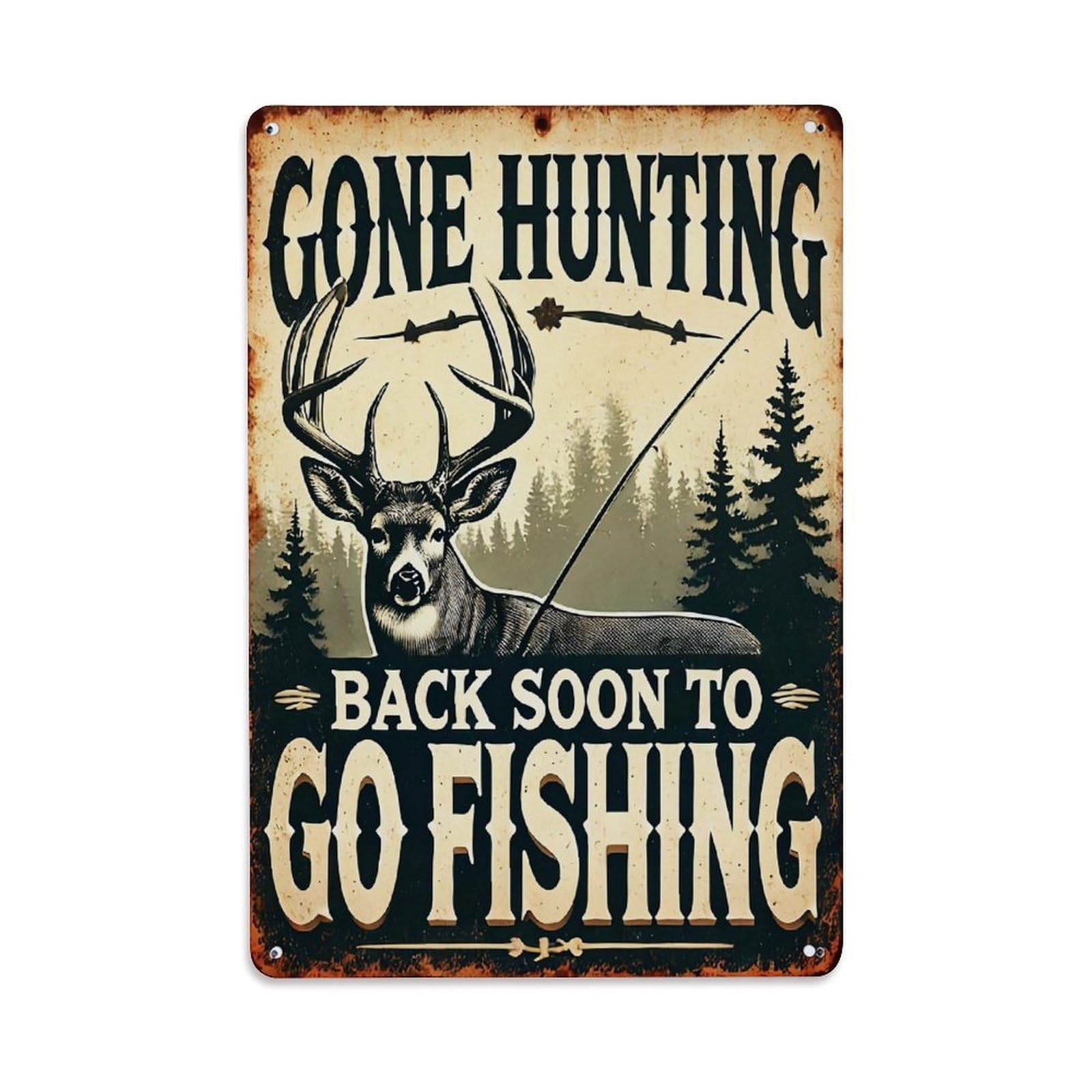 Jdfenggu Vintage Deer Forest Fishing Rod Sign Retro Metal Tin Sign, Decor Art Poster For Bar, Home, Man Cave, Kitchen, Laundry Room Gift 8X12inch