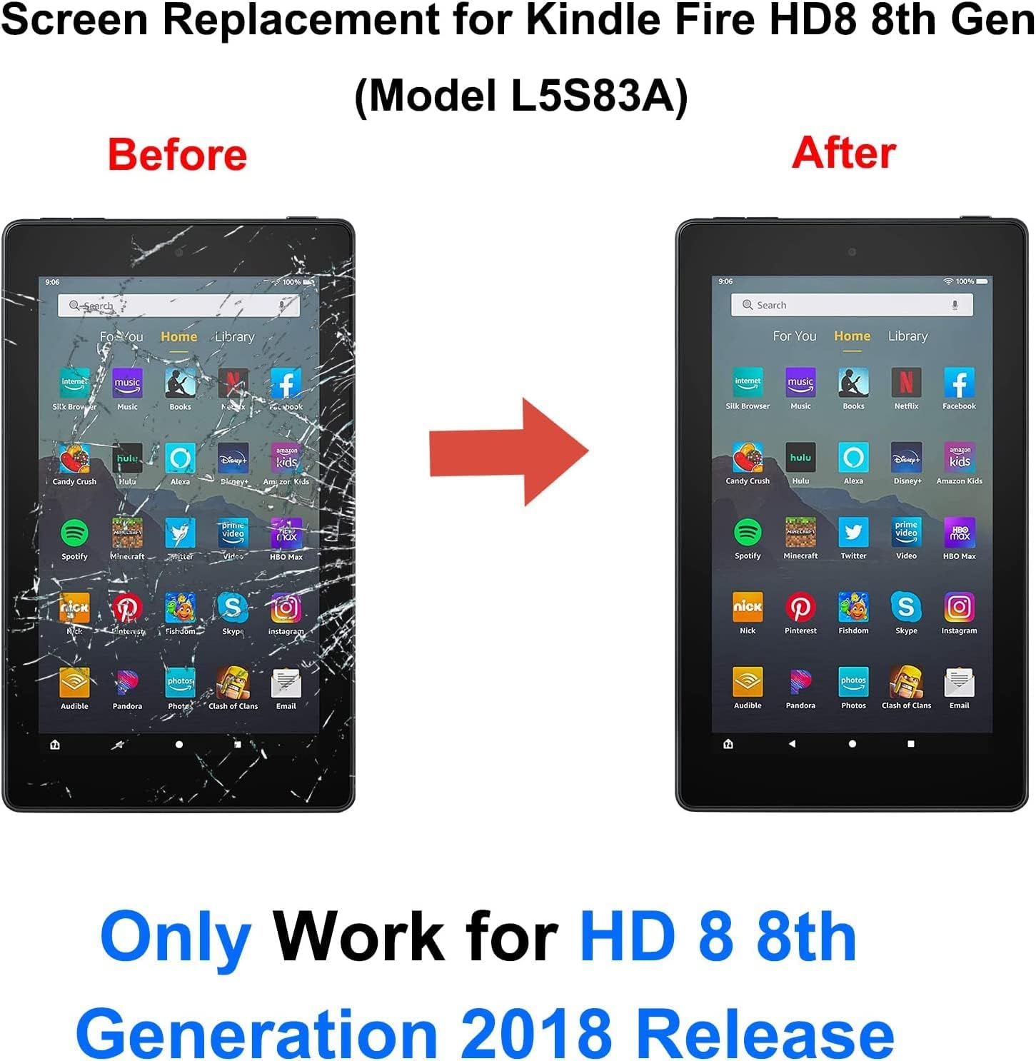 Upgraded New Touch Screen Digitizer Replacement for Amazon Kindle Fire HD 8 8th Gen 2018 L5S83A with Tempered Glass Film and Professional Tool Kit (8 Inch)