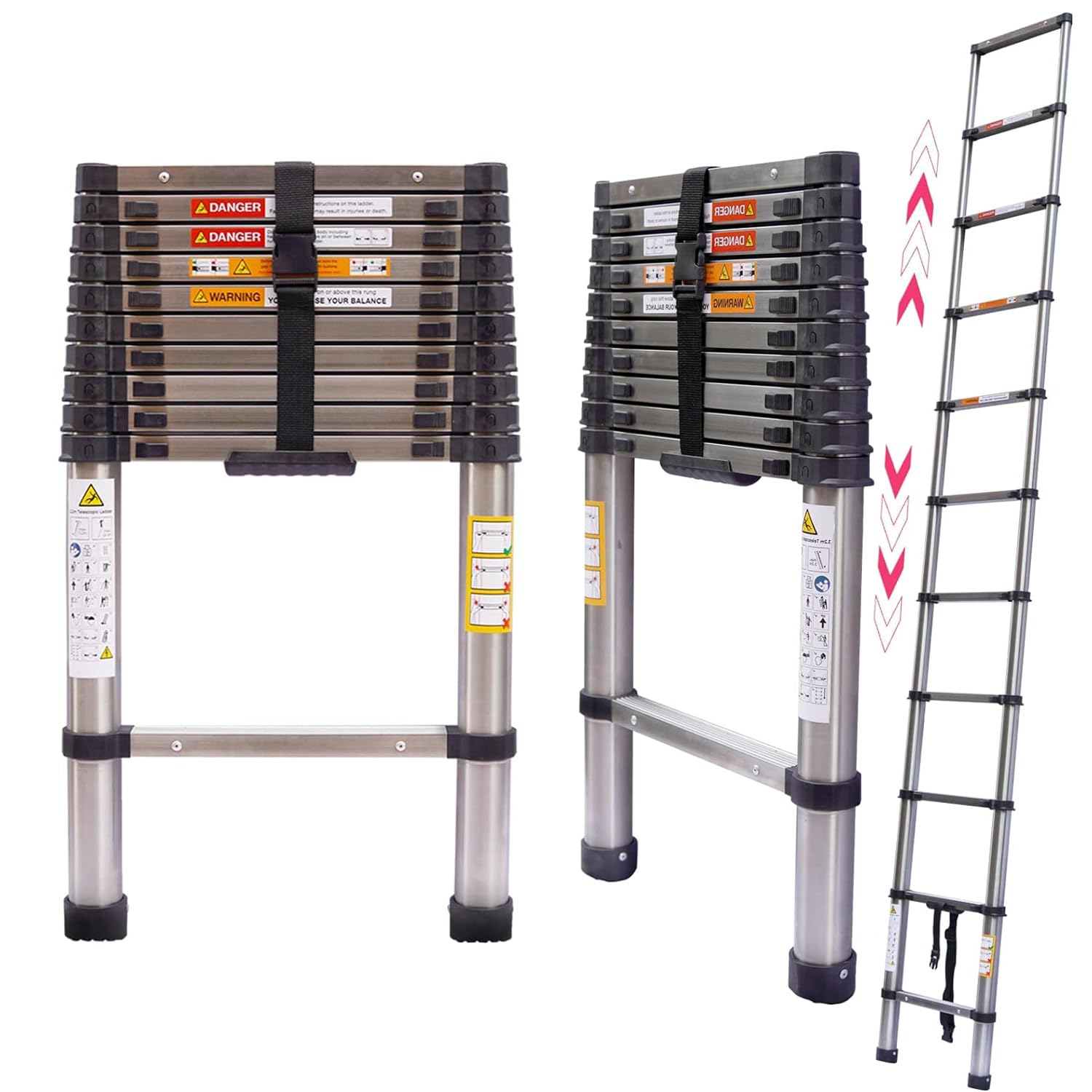 3.2M Telescopic Ladder, 10.5FT Stainless Steel Telescoping Ladder, 10 Steps Multi-Purpose Folding Extendable Ladder, Collapsible Loft Ladders for Outdoor Indoor Work, 150kg Capacity