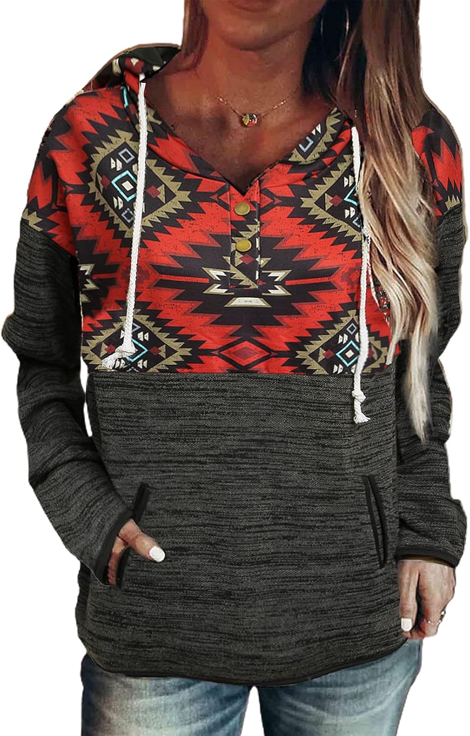 Womens Long Sleeve Button Collar Drawstring Printed Pullover Hoodies Sweatshirts with Pockets