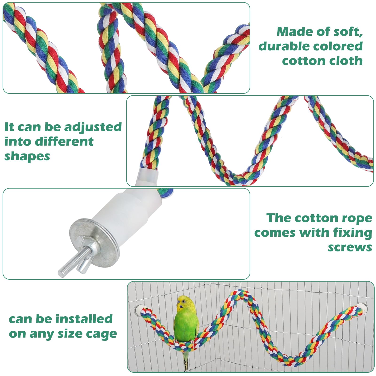 2 Posatoi per Pappagalli, 80 cm Posatoio Flessibile per Gabbia Uccelli, Barra Antiscivolo in Cotone con Anima in Metallo e Clip, Accessorio per Pappagalli Cocorite e Uccelli